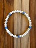 Dainty Mother of Pearl Shell Stretch Bracelet with Blue Cane Glass ~ 7”