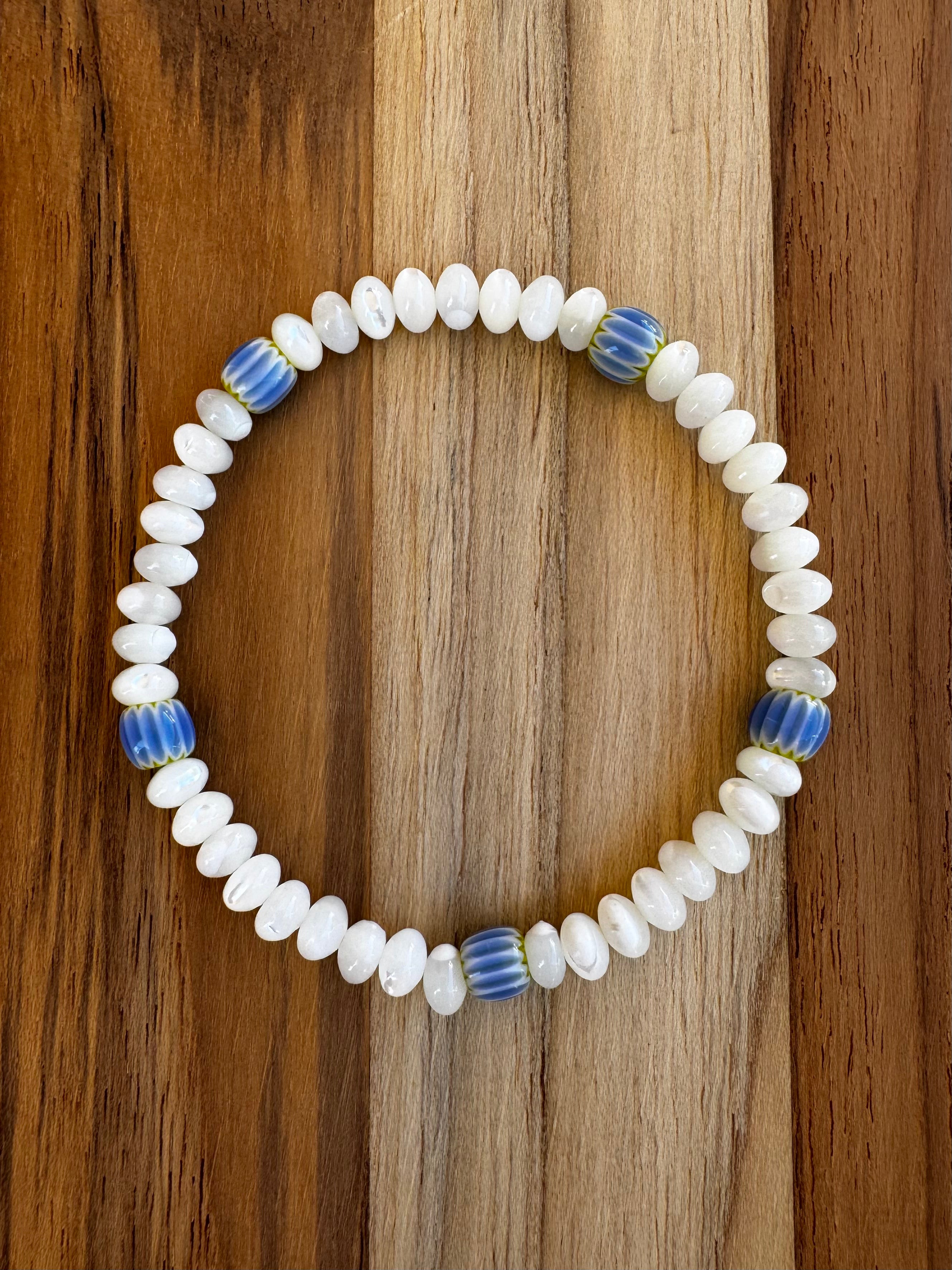 Dainty Mother of Pearl Shell Stretch Bracelet with Blue Cane Glass ~ 7”