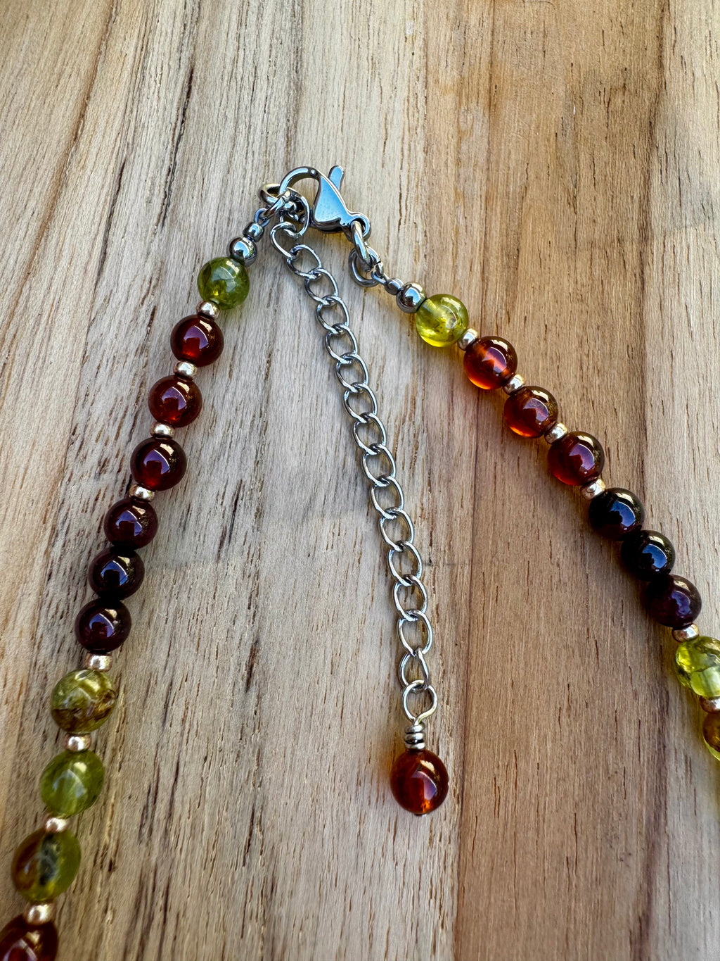 Dainty 16” Red Garnet Orange Hessonite Garnet and Green Peridot Beaded Necklace ~ Stainless steel