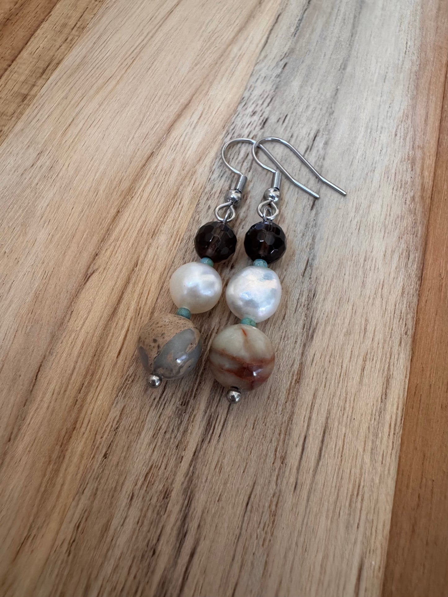 Peruvian Green Opal and White Pearl Dangle Earrings