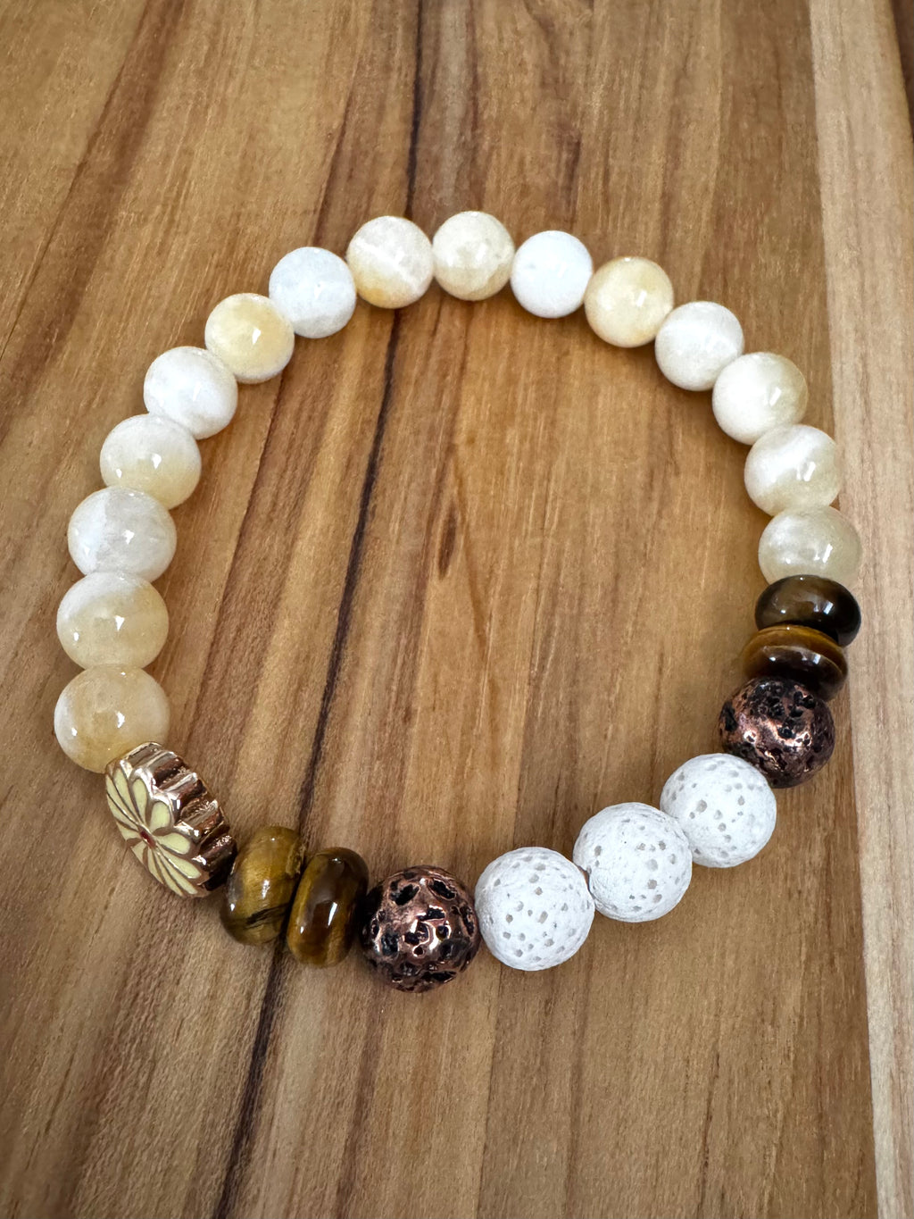 Aromatherapy Diffuser Stretch Bracelet with White/Yellow Jade Tigereye and White Lava Stone Beads ~ 7”