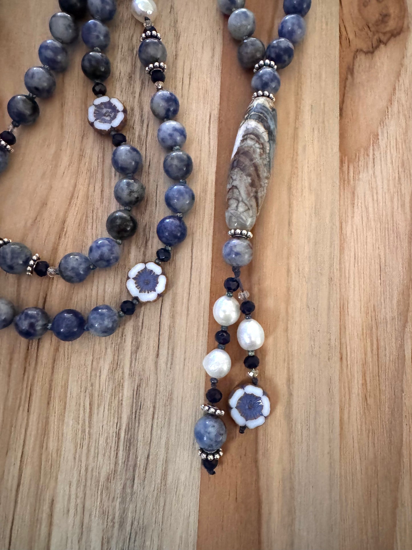 Agate Column Beaded Dangle Boho Necklace with Blue Spot Jasper, Pearls and Glass Beads