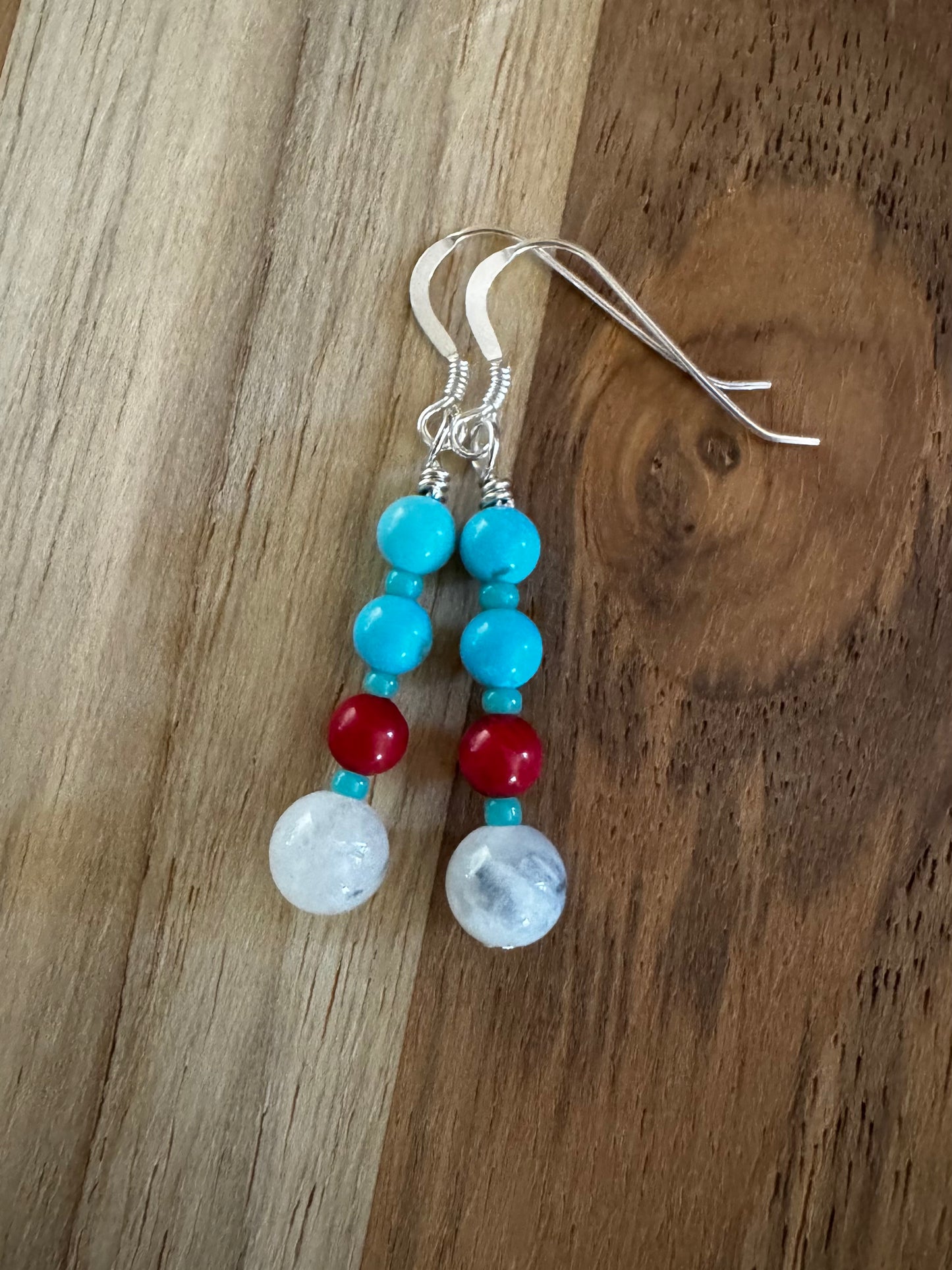 Dainty Moonstone Dangle Earrings with Red Coral and Turquoise Beads