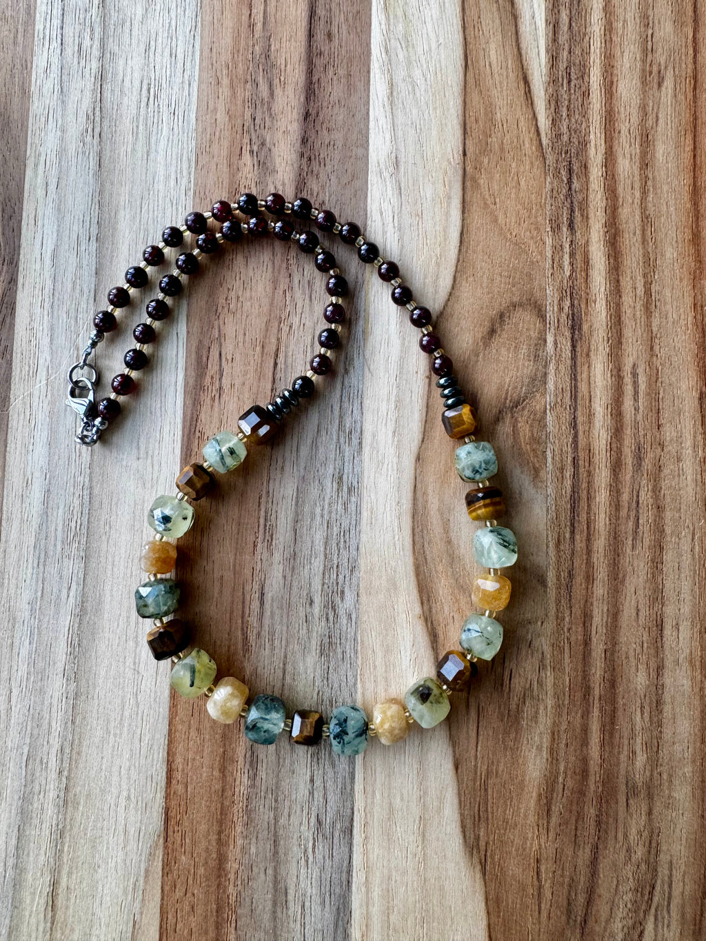 Short Layering 16” Necklace with Prehnite Yellow Jade Tigereye and Garnet Beads