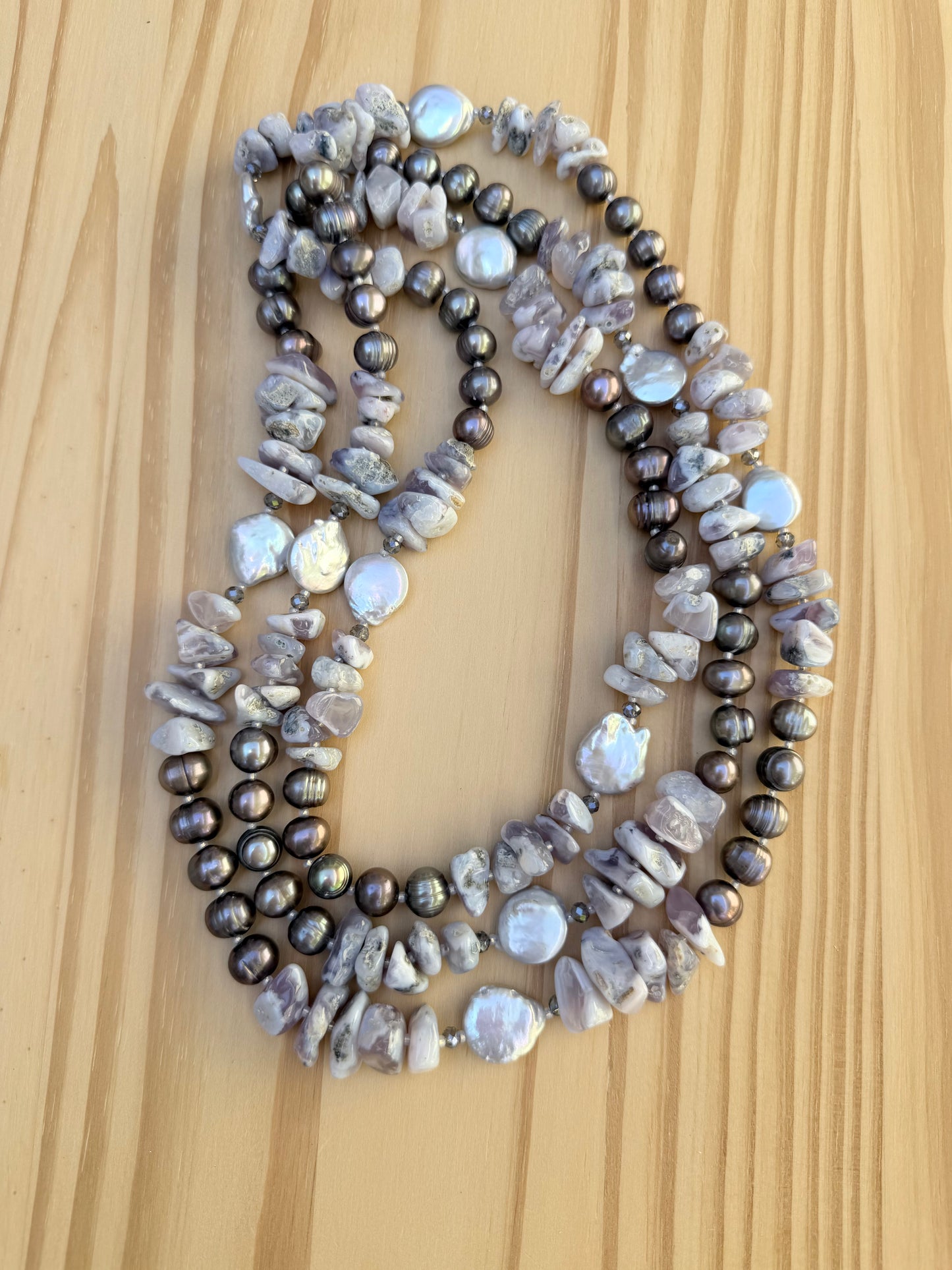60" Extra Long Wraparound Style Beaded Lavender Chalcedony and Pearl Necklace with Crystal Beads