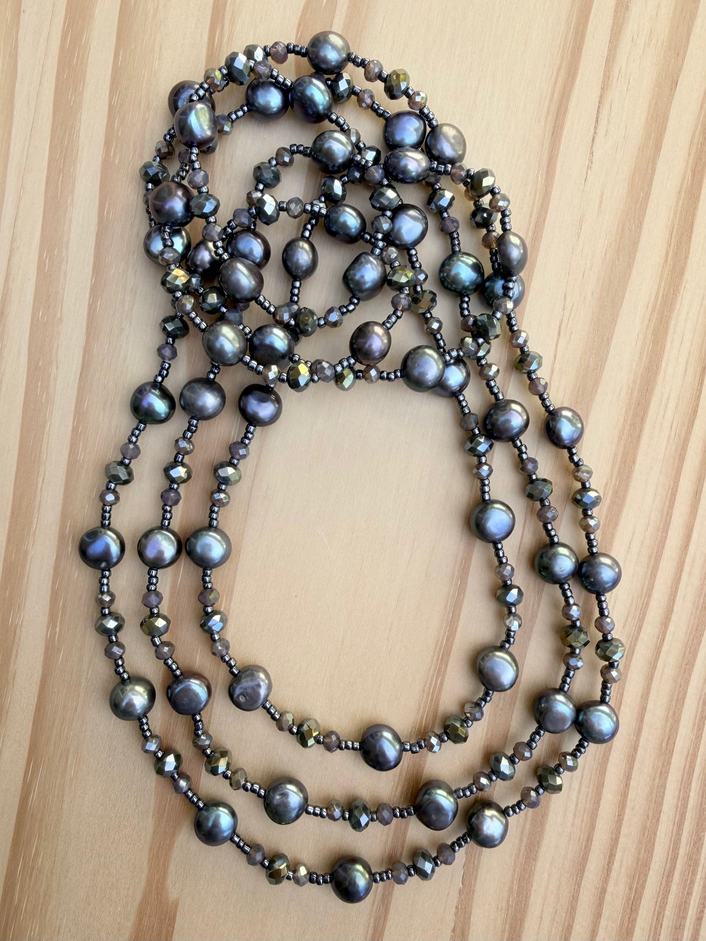 60 Inch Extra Long Wraparound Beaded Necklace with Grey Freshwater Pearls and Crystal Beads