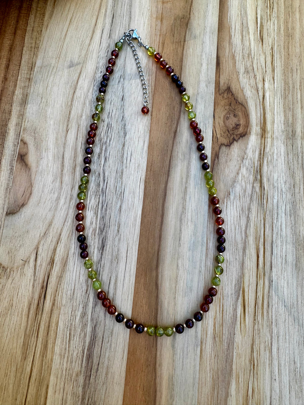 Dainty 16” Red Garnet Orange Hessonite Garnet and Green Peridot Beaded Necklace ~ Stainless steel
