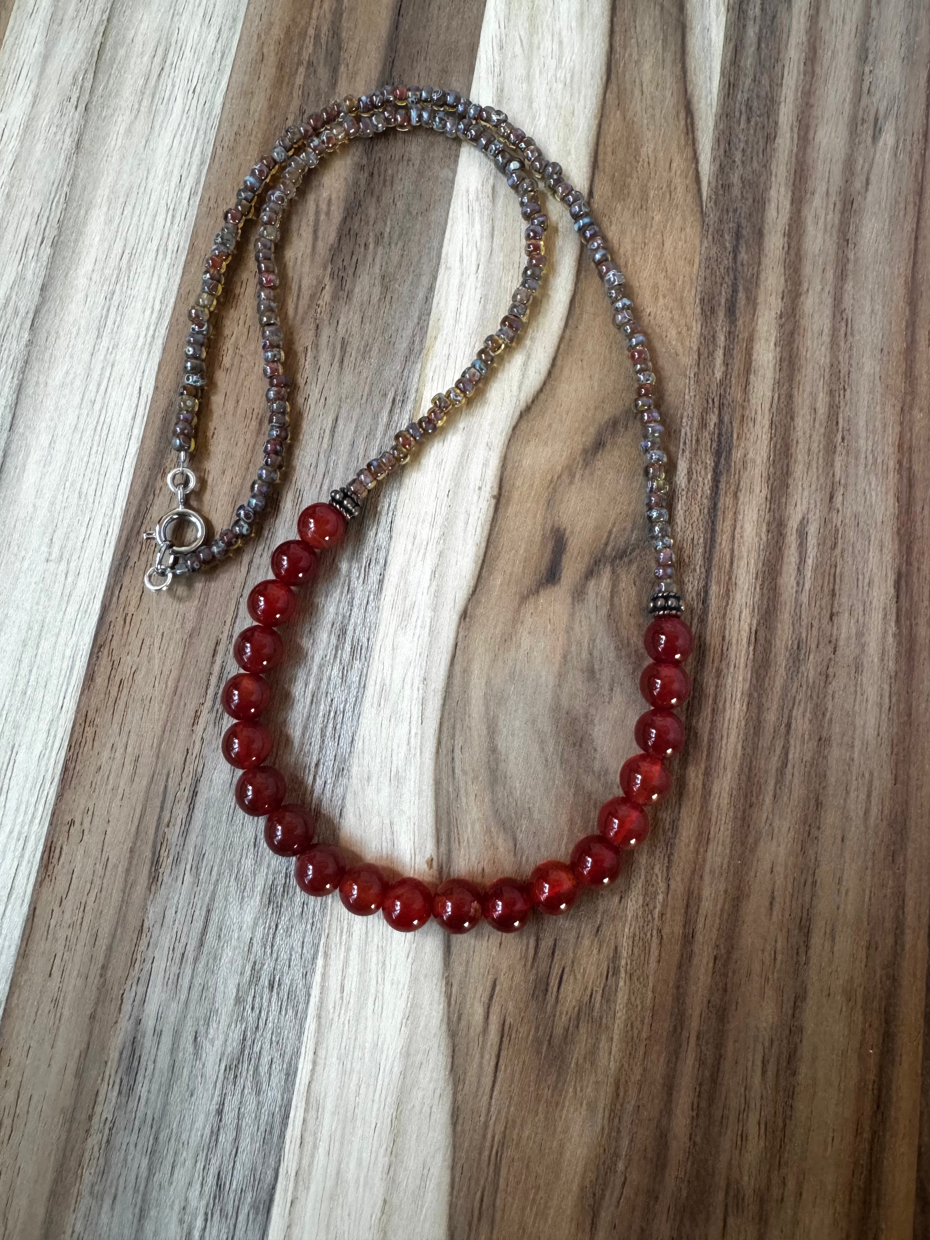 Carnelian Beaded Necklace with Copper and Seed Beads