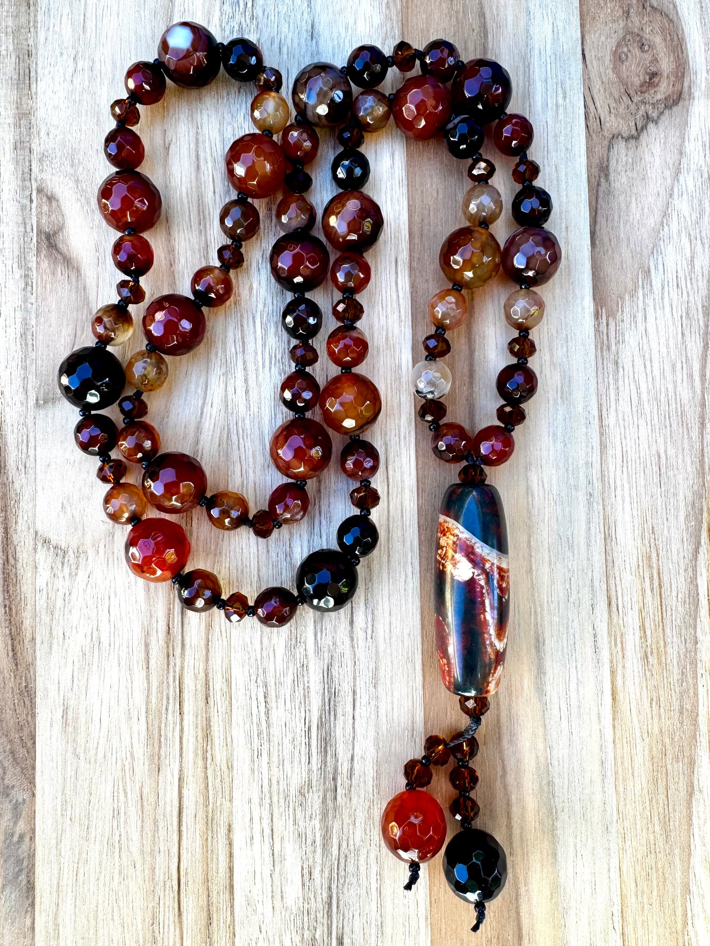 26" Agate Column Pendant Necklace with Black Brown Agate and Crystal Beads