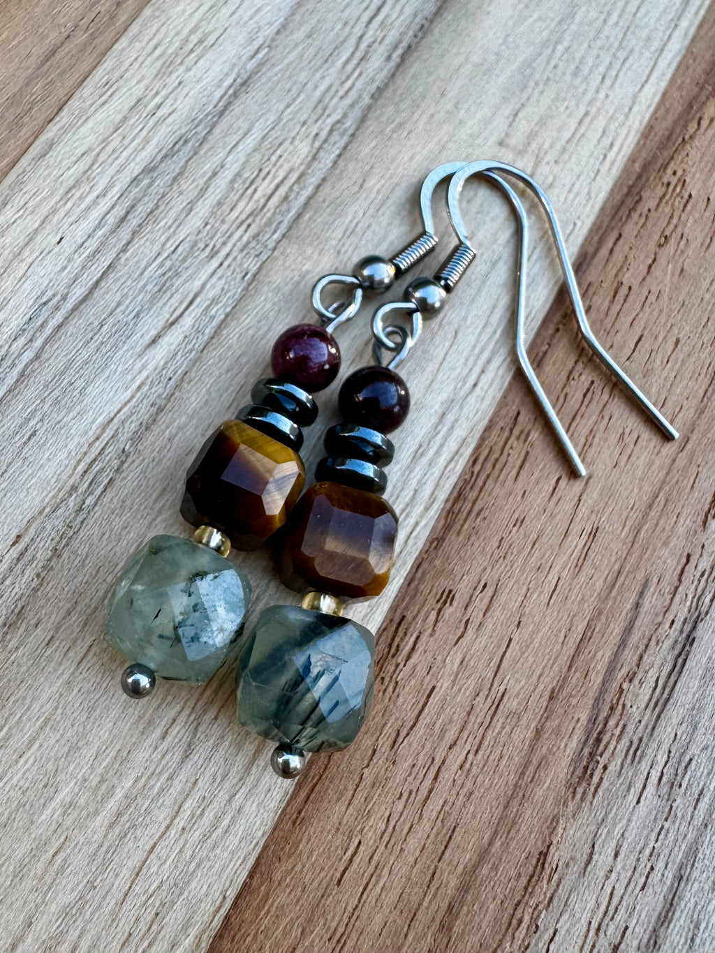 Dangle Earrings with Prehnite Tigereye Garnet and Hematite ~ Stainless steel