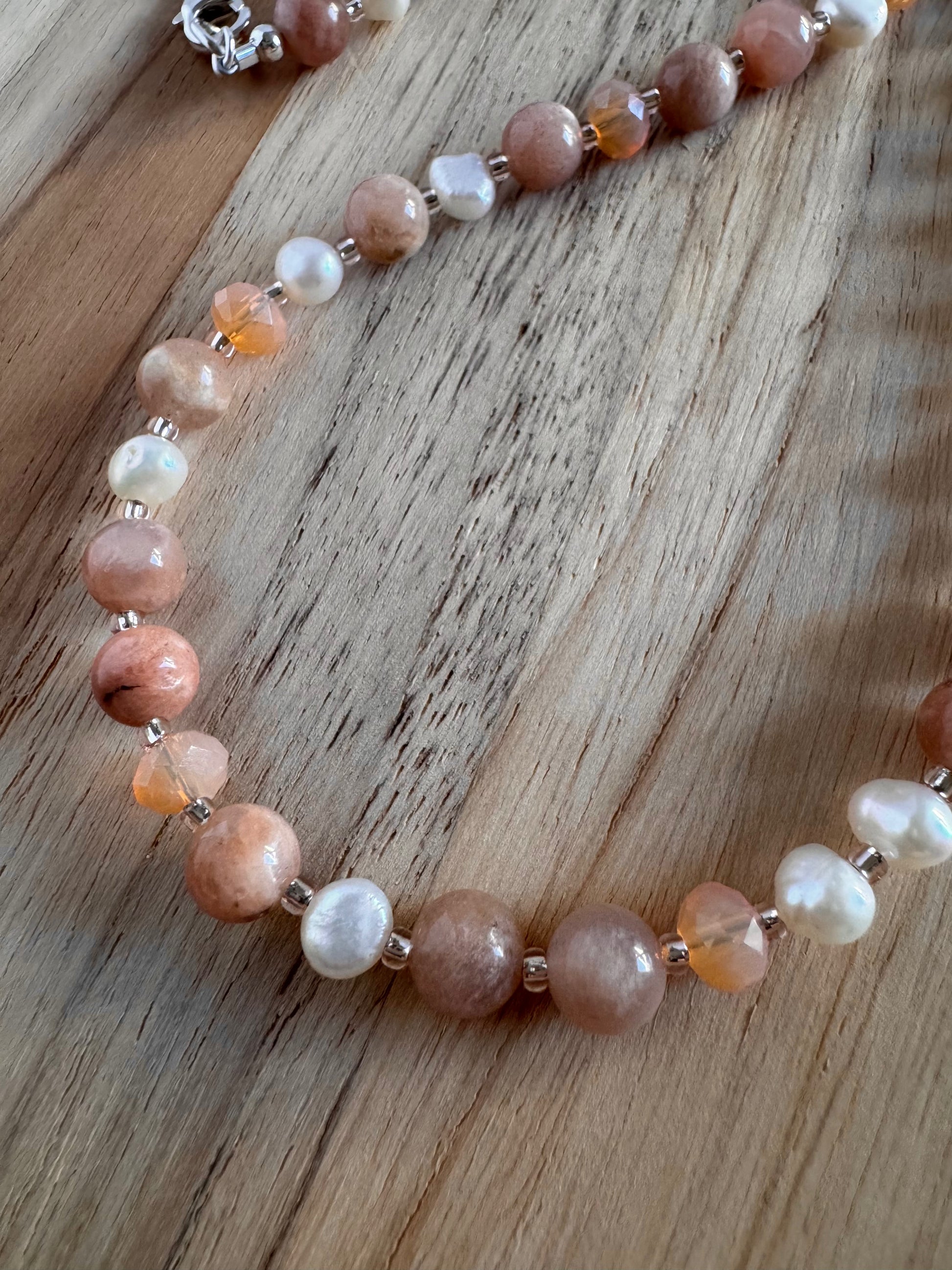 Short Dainty Sunstone and Freshwater pearl Necklace with Crystal Accents ~ Sterling Silver