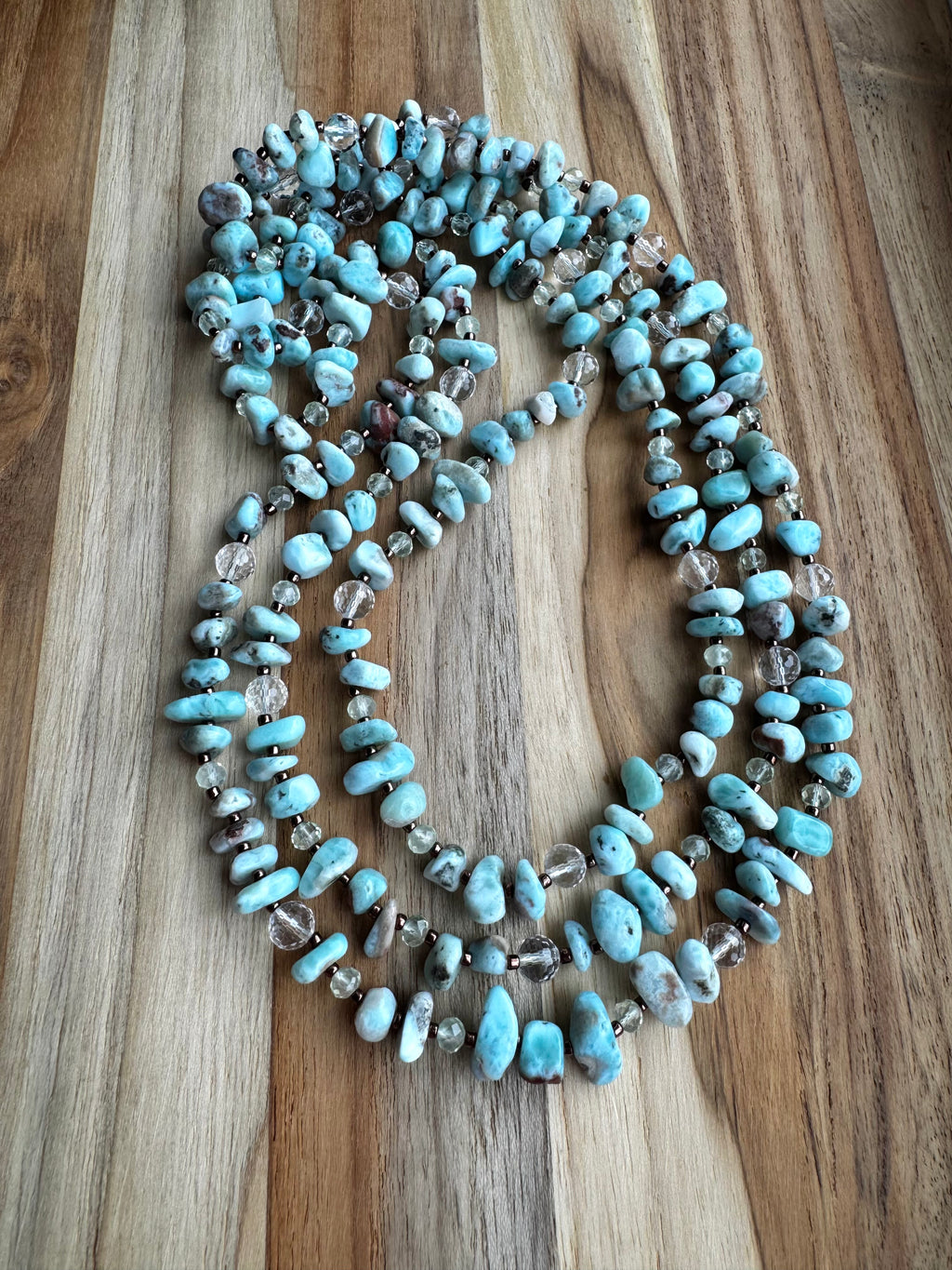 55” Extra Long Wraparound Larimar Necklace with Crystal Beads