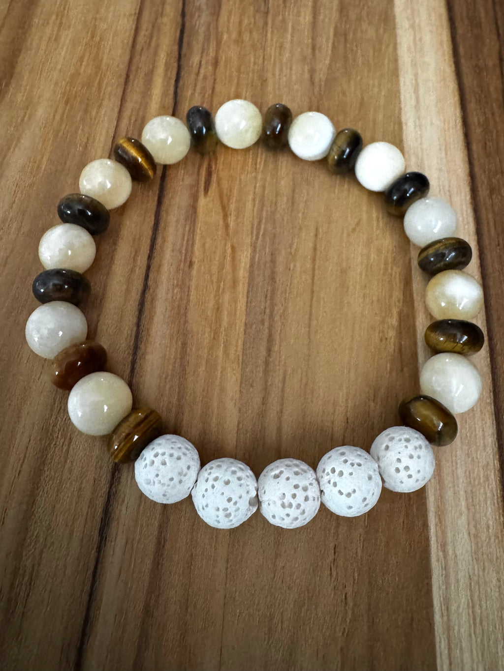 Aromatherapy Diffuser Stretch Bracelet with White/Yellow Jade Tigereye and Lava Stone Beads
