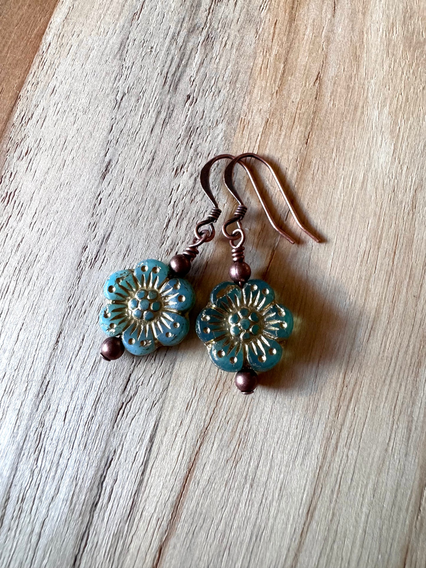 Antiqued Copper Boho Teal Anemone Czech Glass Flower Earrings