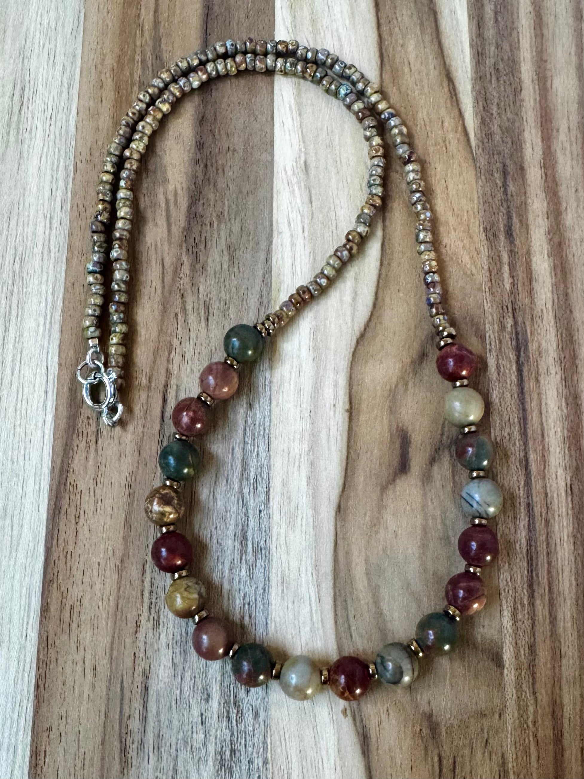 Minimalist Picasso Jasper Beaded Necklace with Seed Beads