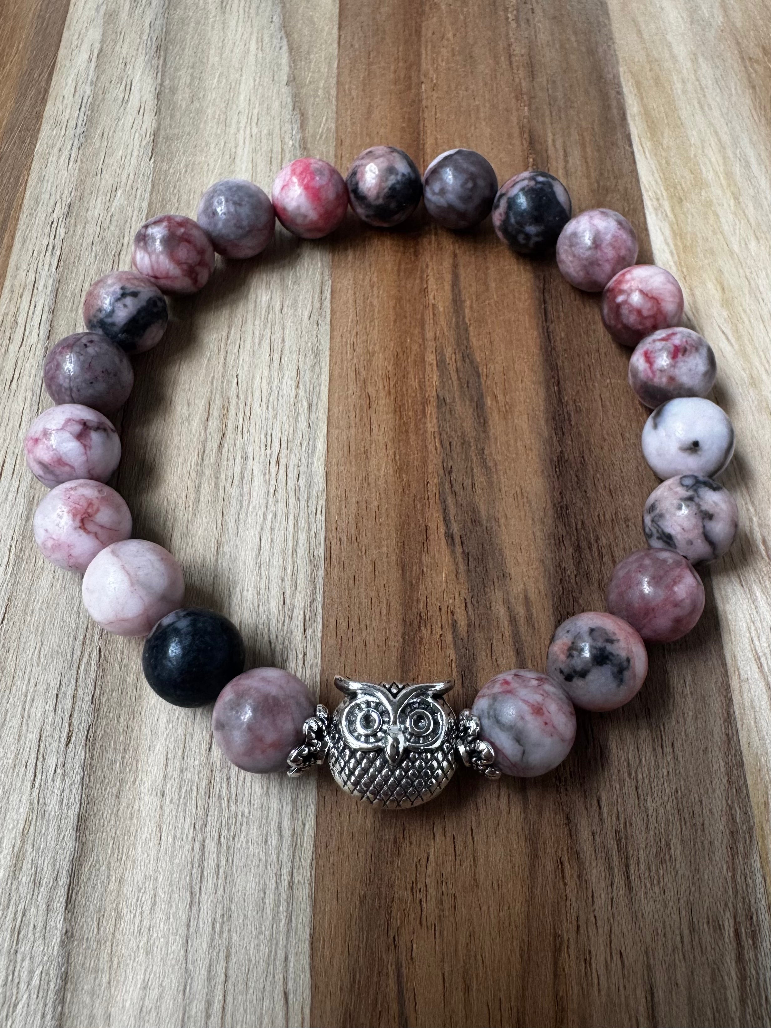 Owl Stretch Bracelet with Pink Zebra Jasper Beads ~ 7” 8mm beads