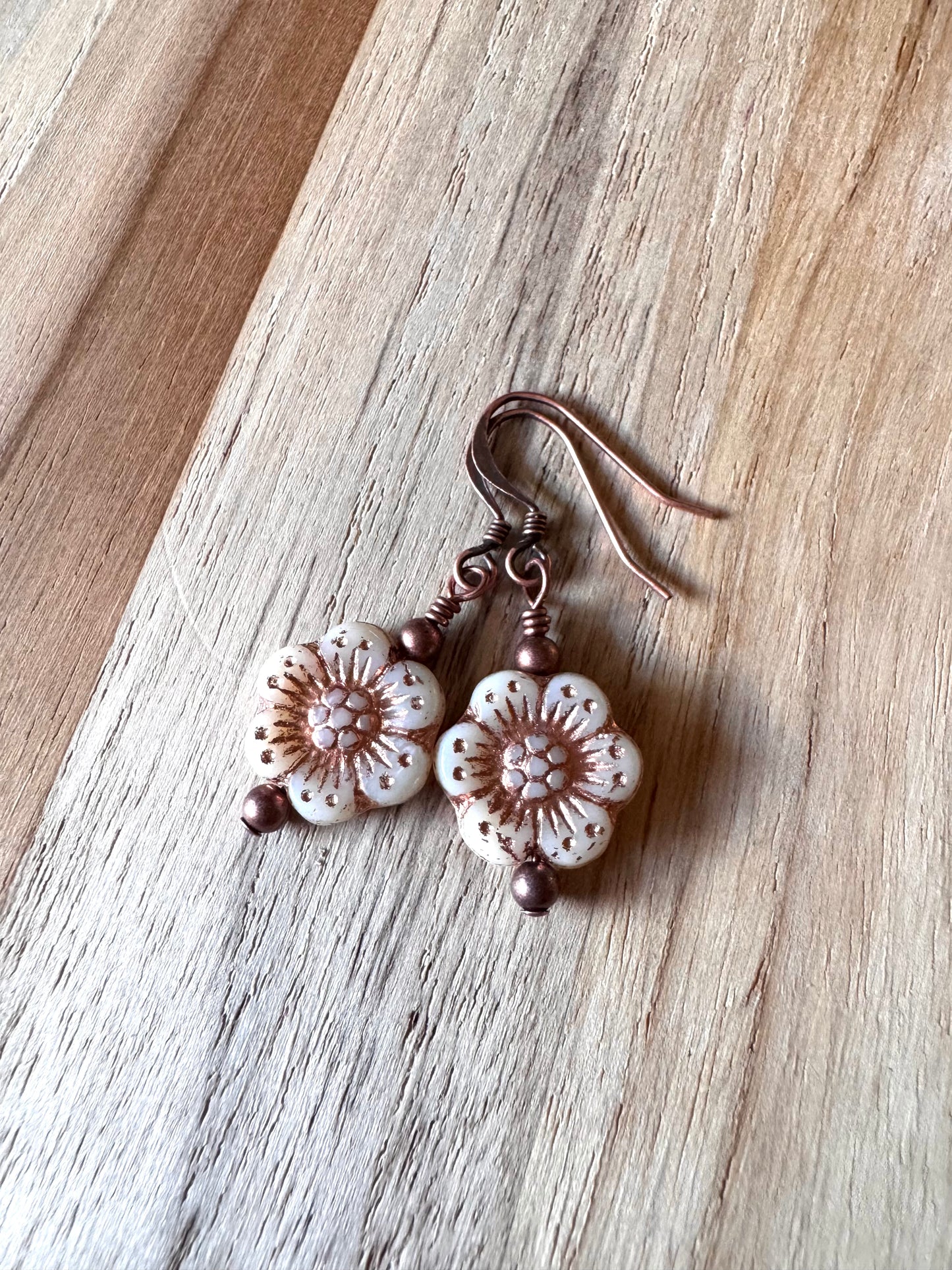 Antiqued Copper Boho Ivory Anemone Czech Glass Flower Earrings