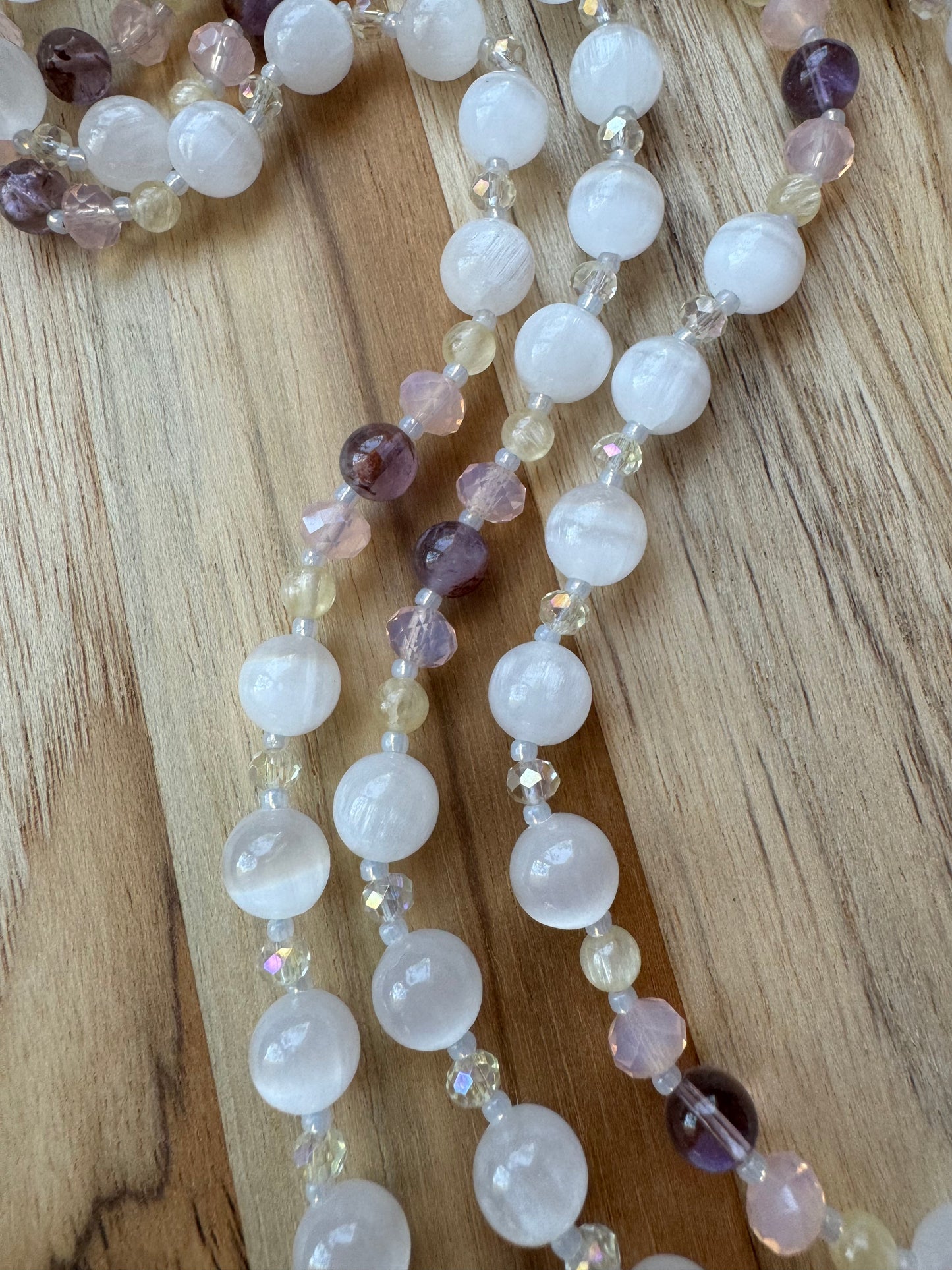 Extra Long 60” Wraparound Style White and Yellow Selenite Beaded Necklace with Super 7 and Crystal Beads