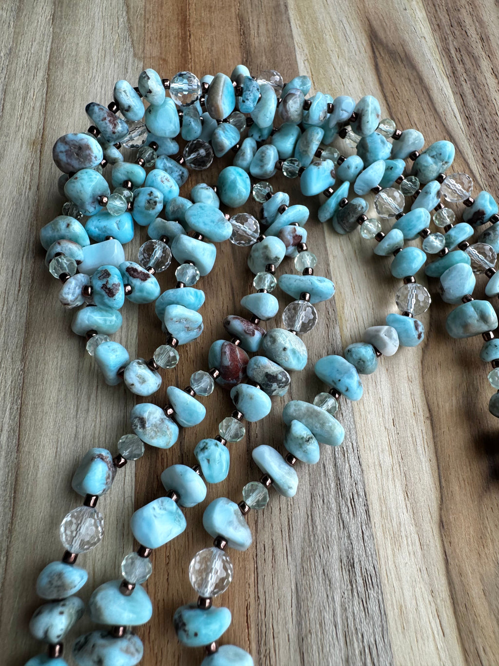 55” Extra Long Wraparound Larimar Necklace with Crystal Beads
