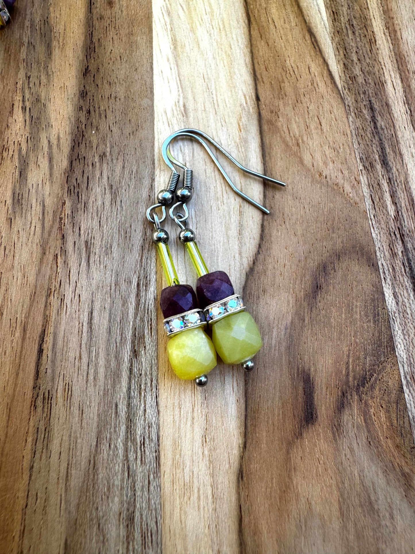 Lemon Jade and Purple Garnet Dangle earrings ~ Stainless Steel