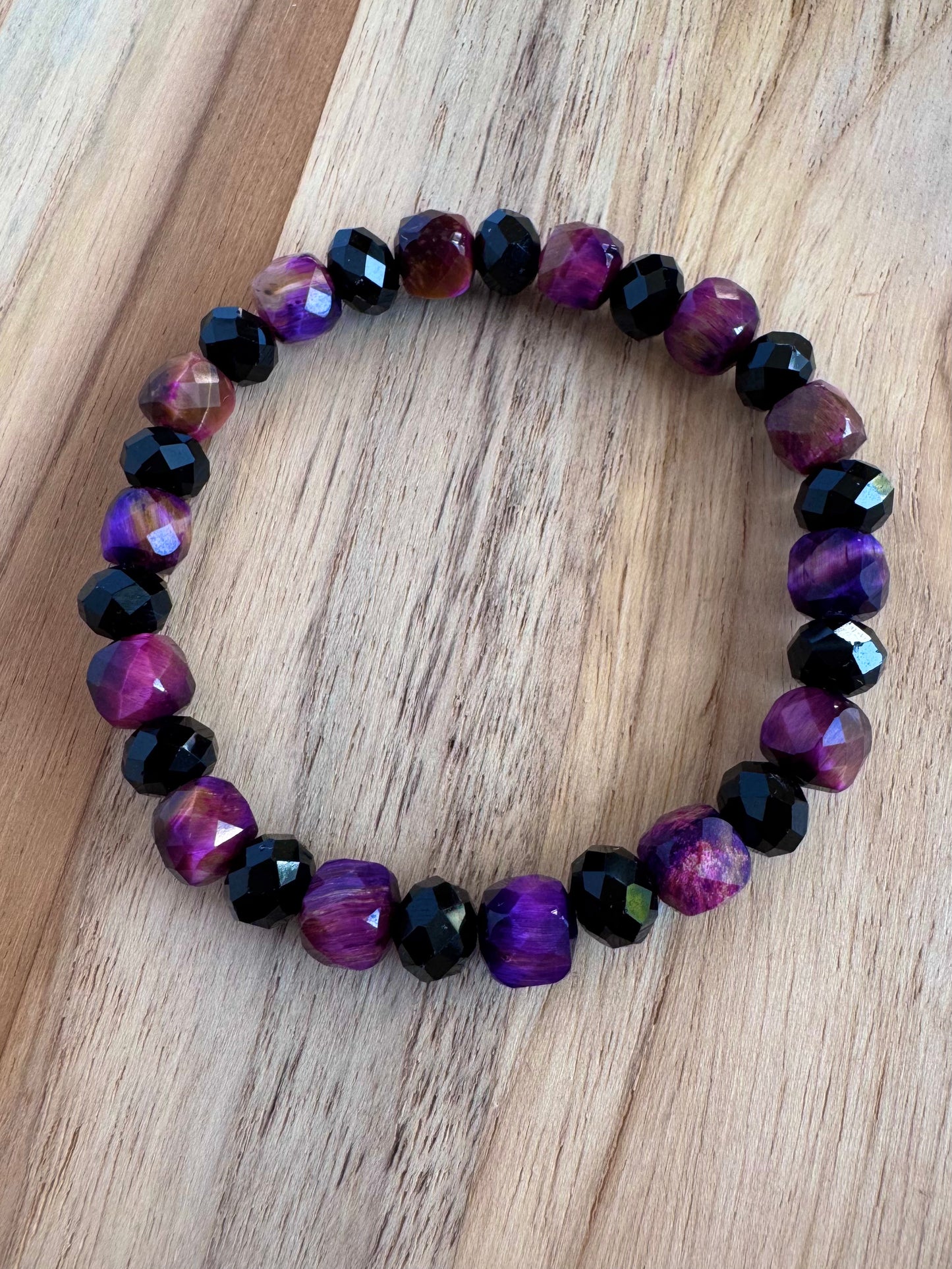 Purple Tigereye Cube Stretch Bracelet with Black Crystal Beads