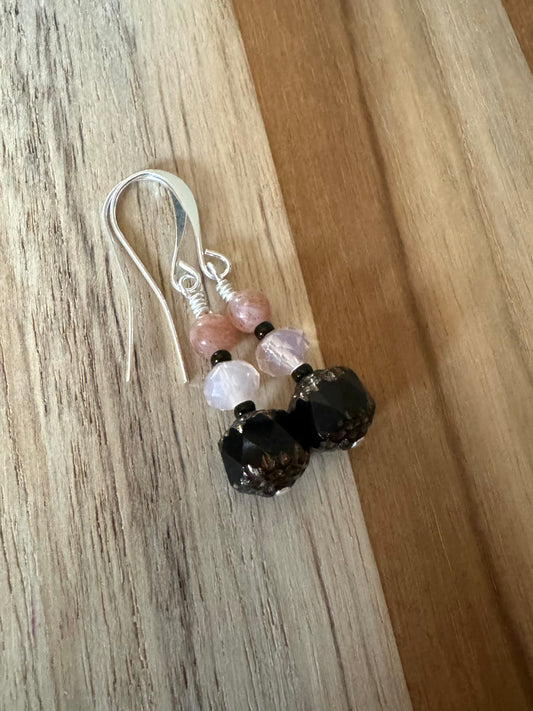 Black Czech Glass Dangle Earrings with Pink Crystal and Peach Strawberry Quartz Beads - My Urban Gems