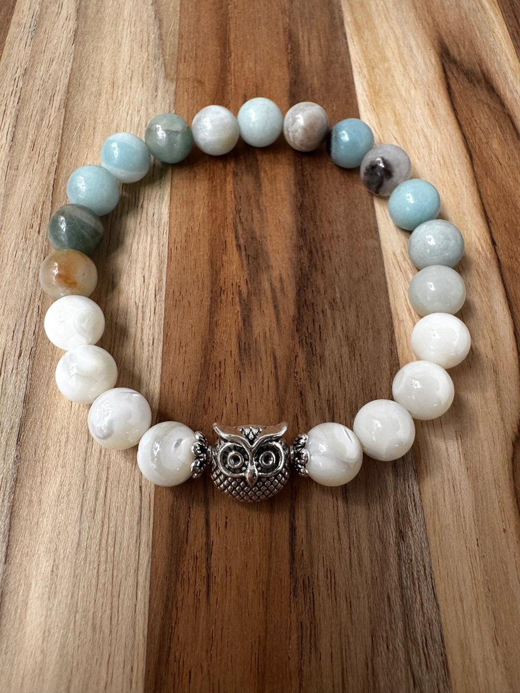 Owl Stretch Bracelet with Mother of Pearl and Amazonite Beads 7”  8mm beads