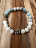 Owl Stretch Bracelet with Mother of Pearl and Amazonite Beads 7”  8mm beads