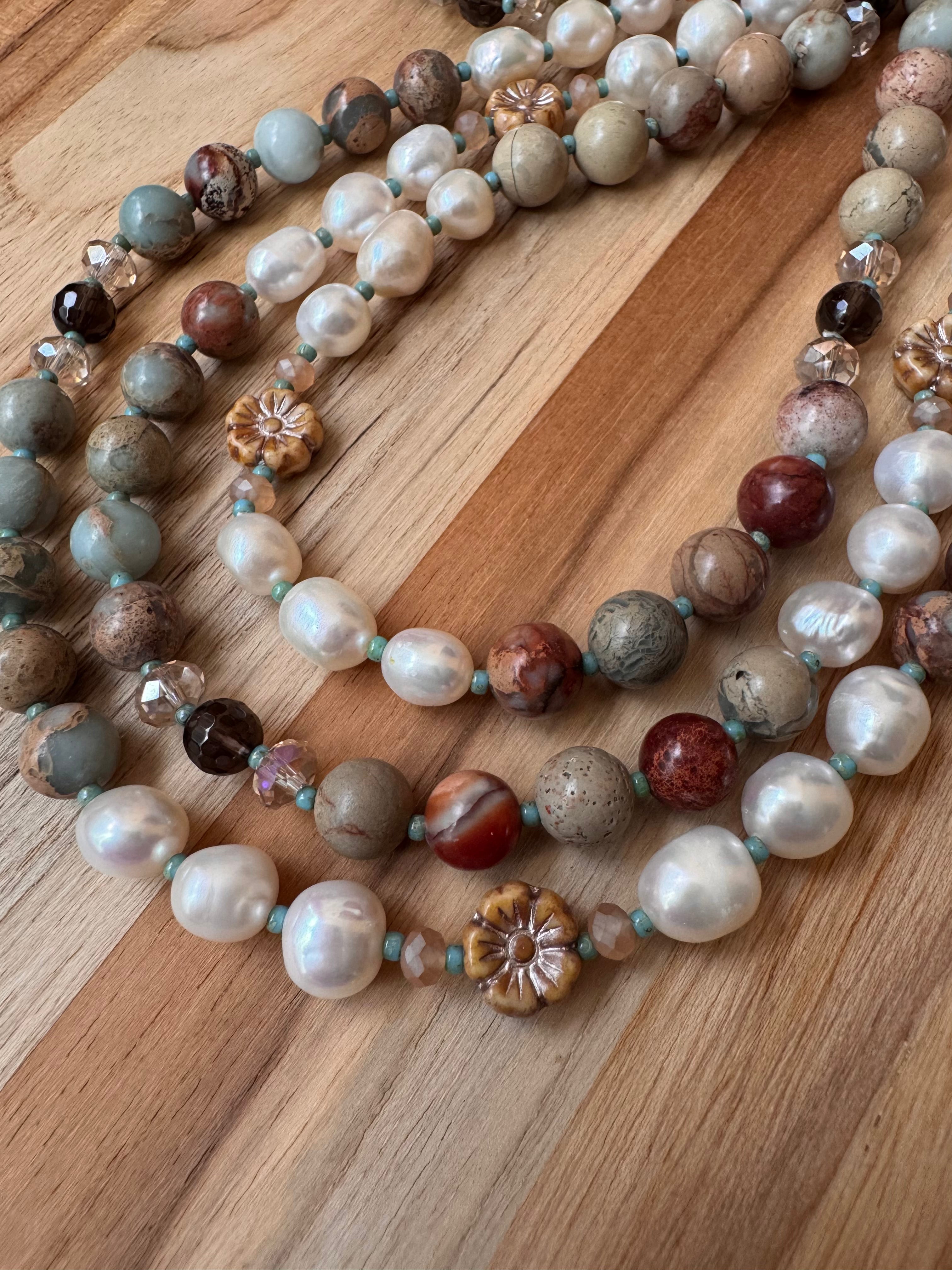 58” Extra Long Wraparound Style Beaded Necklace with Peruvian Green Opal White Freshwater Pearls and Crystal Beads