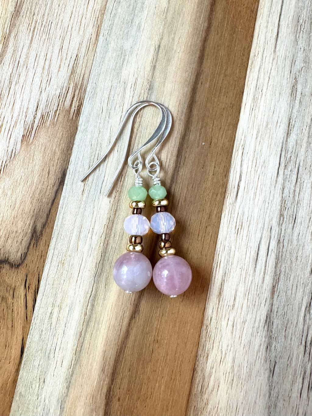 Madagascar Rose Quartz Silver Plated Dangle Earrings with Pink and Green Crystal Glass Beads - My Urban Gems