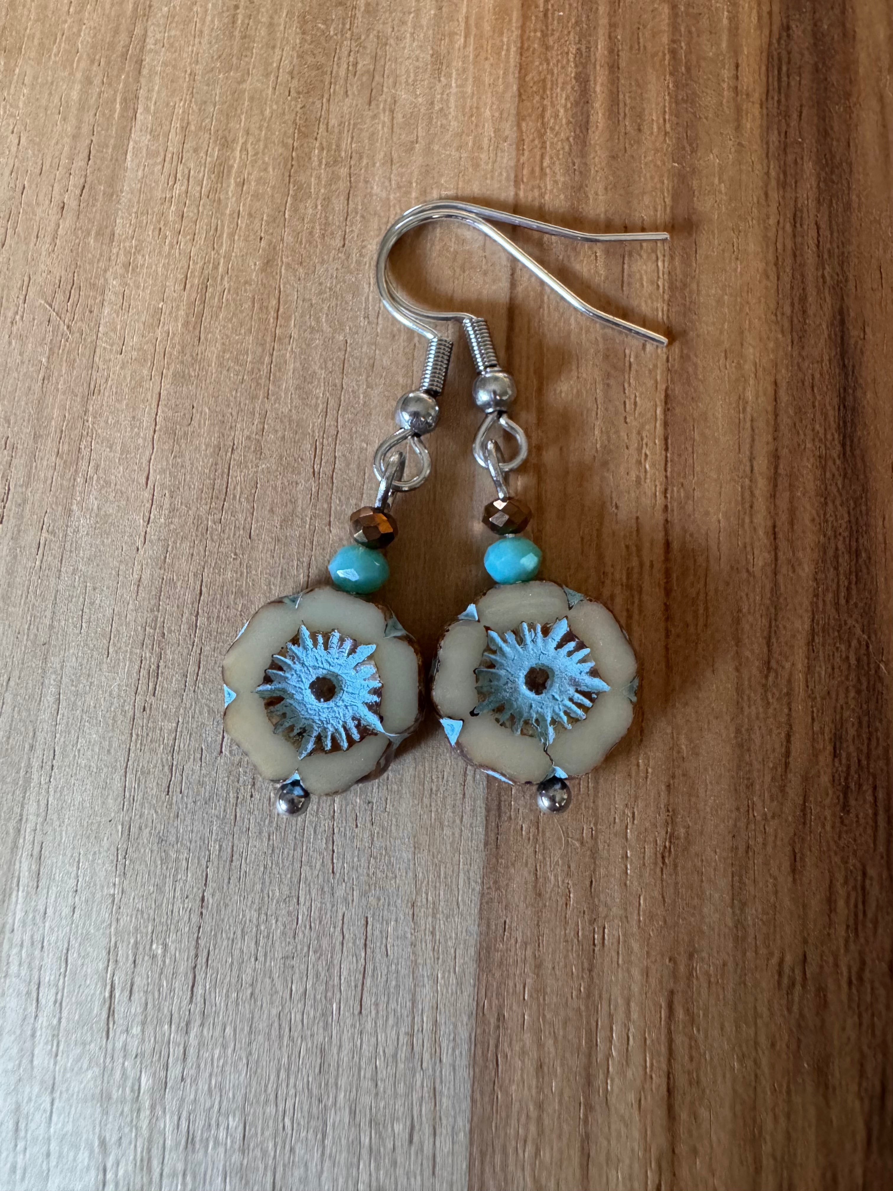 Dainty Boho Czech Glass Dangle Earrings in Turquoise and Tan with Crystal Beads