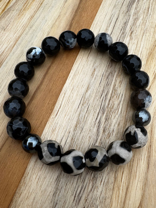 Bold Black Agate and Hematite Stretch Bracelet ~ 7” 10mm beads