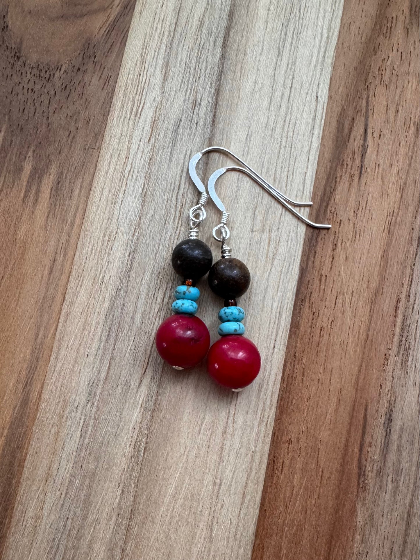 Red Coral Dangle Earrings with Turquoise and Bronzite Beads ~ Sterling Silver