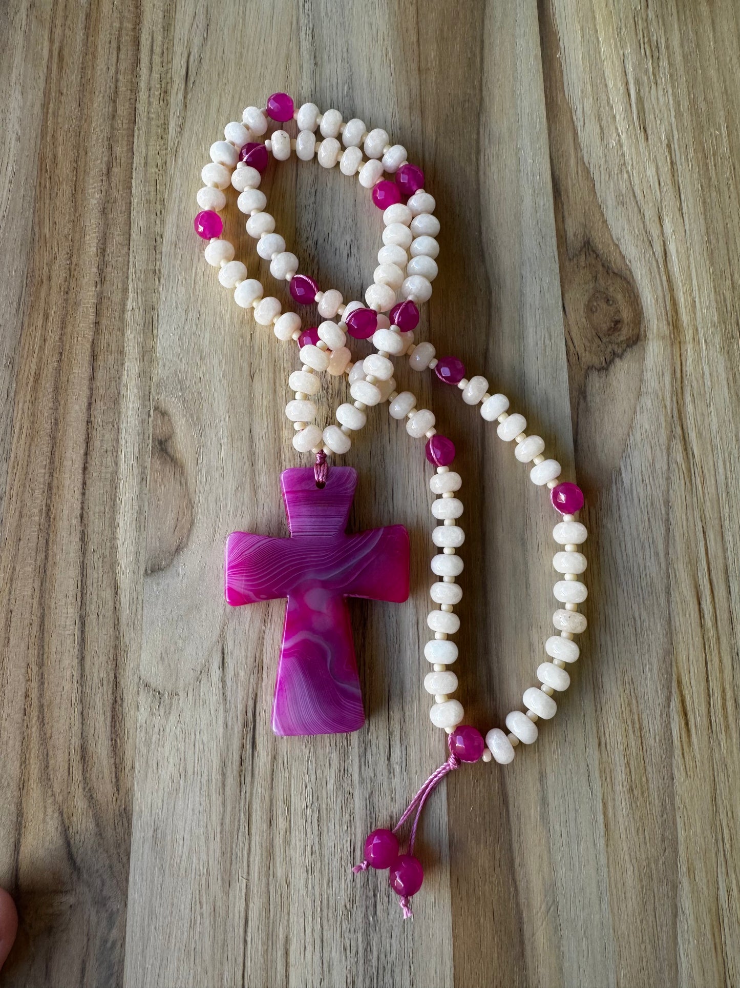 26 inch Pink Agate Cross Beaded Necklace with Ivory Jade and Agate Beads
