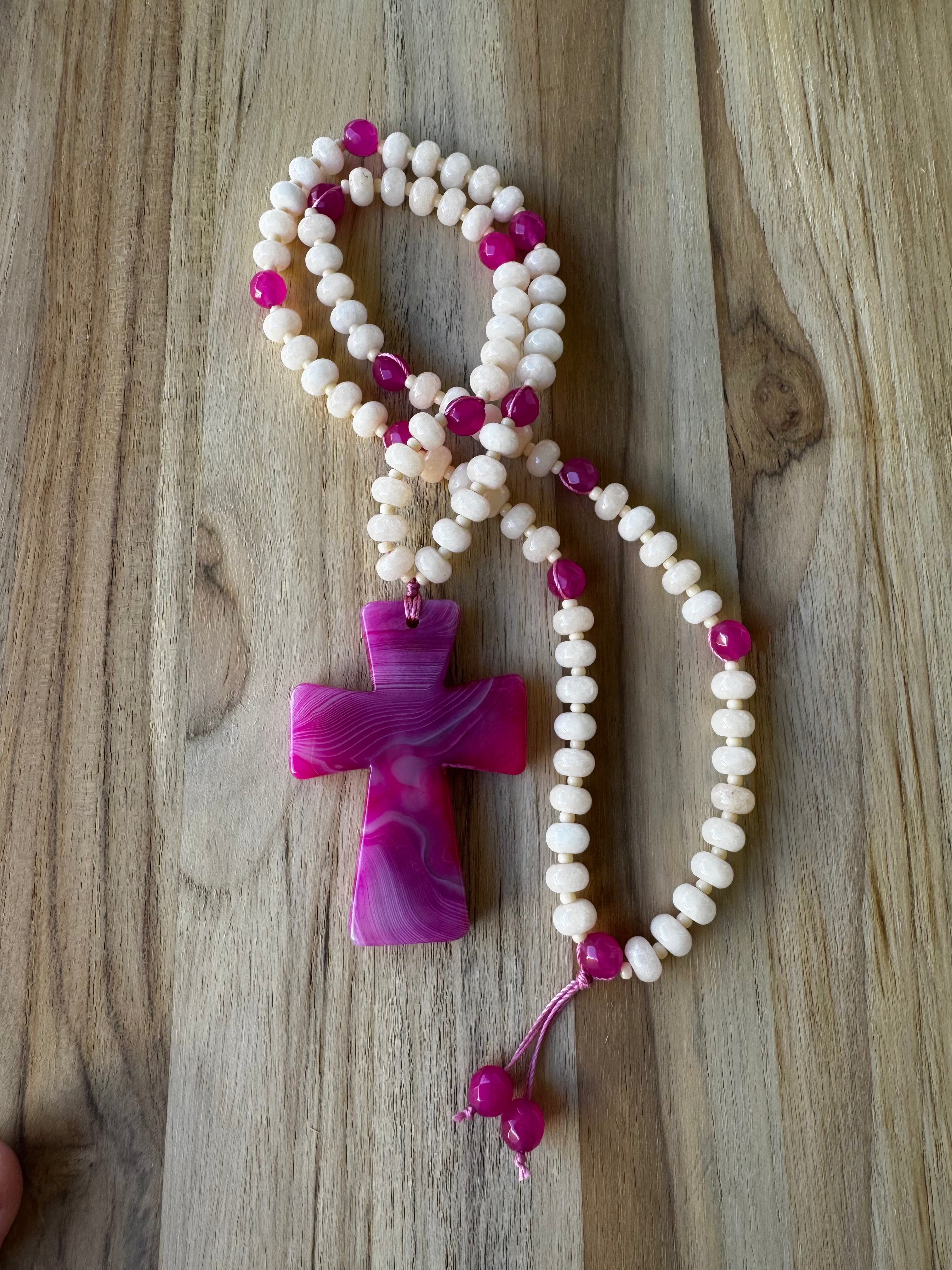 26” Long Pink Agate Cross Beaded Necklace with Ivory Jade and Agate Beads