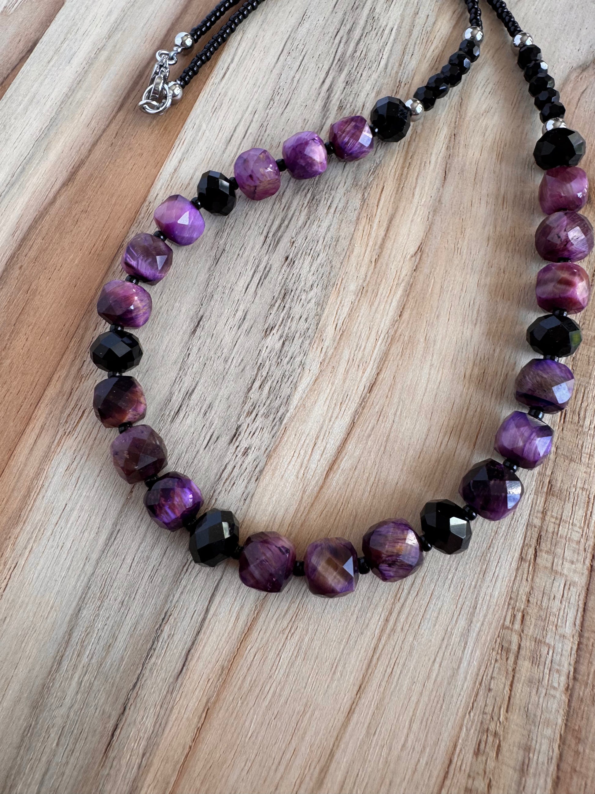 Gorgeous Short Purple Tigereye Cube Necklace with Black Crystal Beads