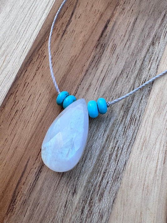 Moonstone and Turquoise Minimalist Floating Pendant Necklace ~ Stainless Steel Clasp