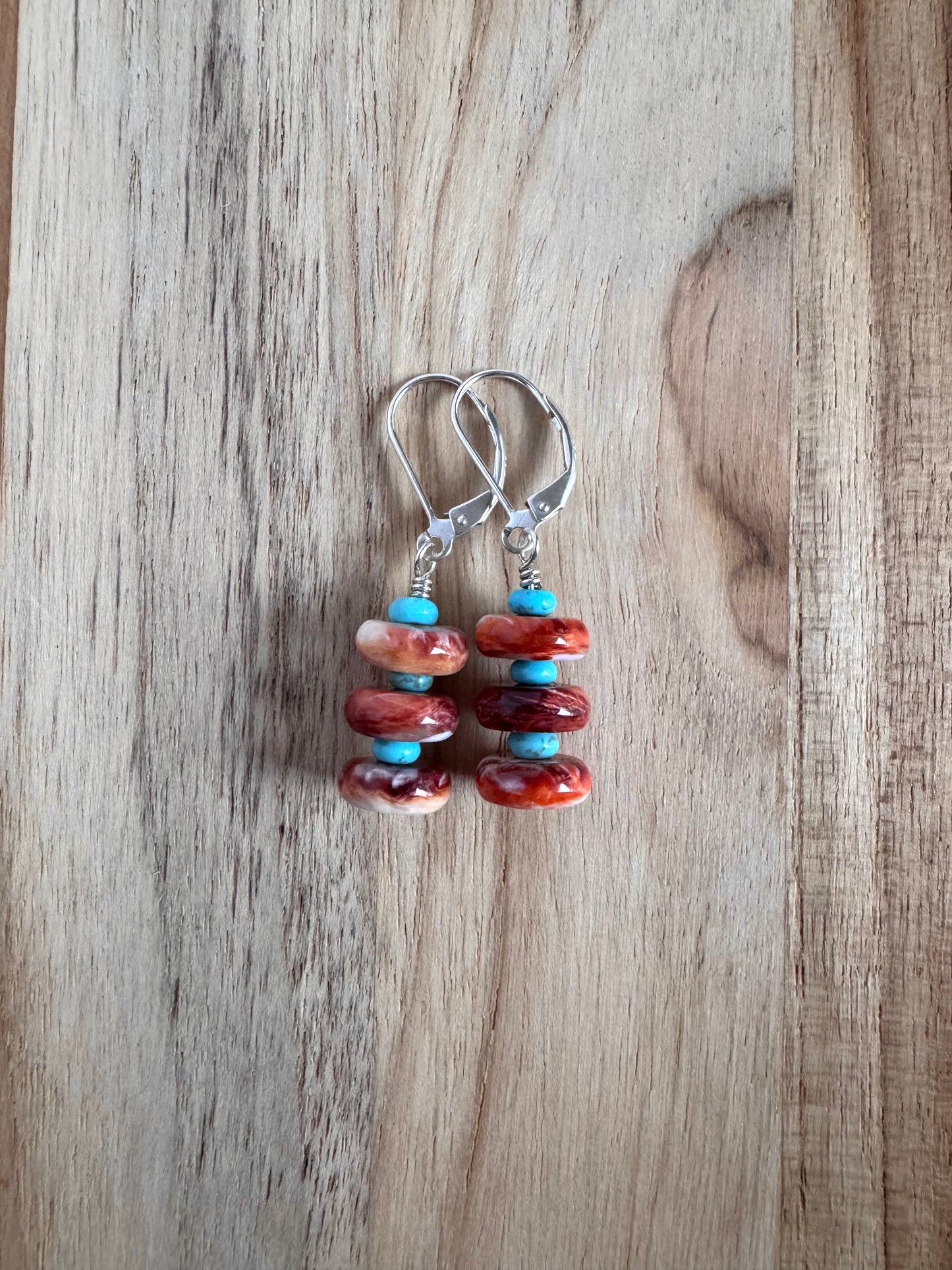 Orange Spiny Oyster Dangle Earrings with Nevada Turquoise ~ Sterling Silver