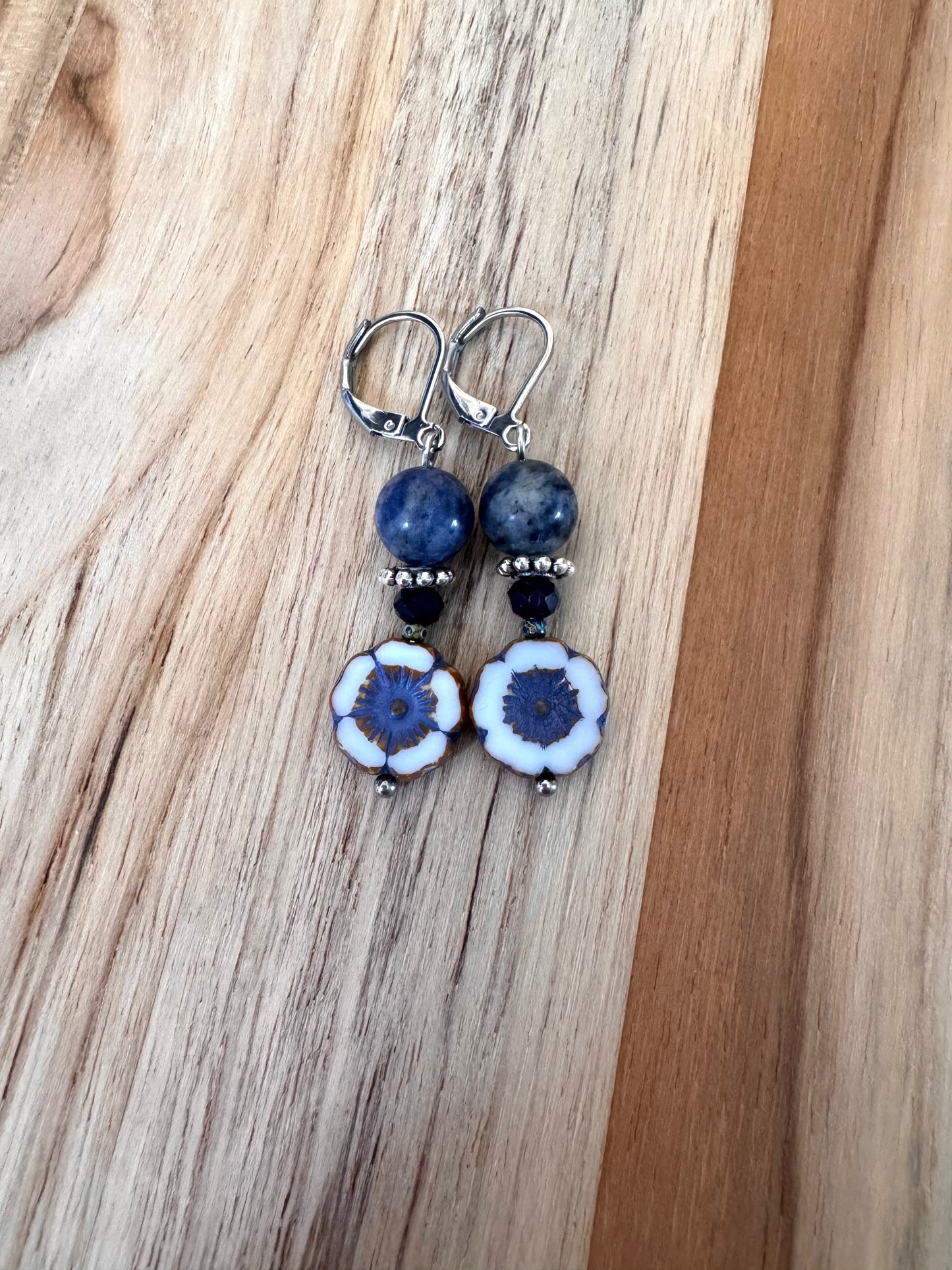 Boho Blue Spot Jasper Dangle Earrings with Czech Glass Flower ~ Stainless Steel