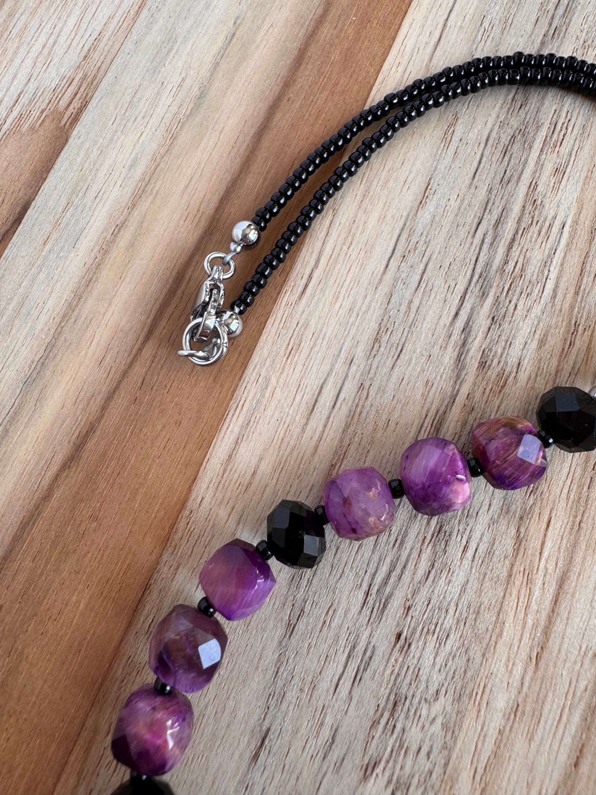 Gorgeous Short Purple Tigereye Cube Necklace with Black Crystal Beads