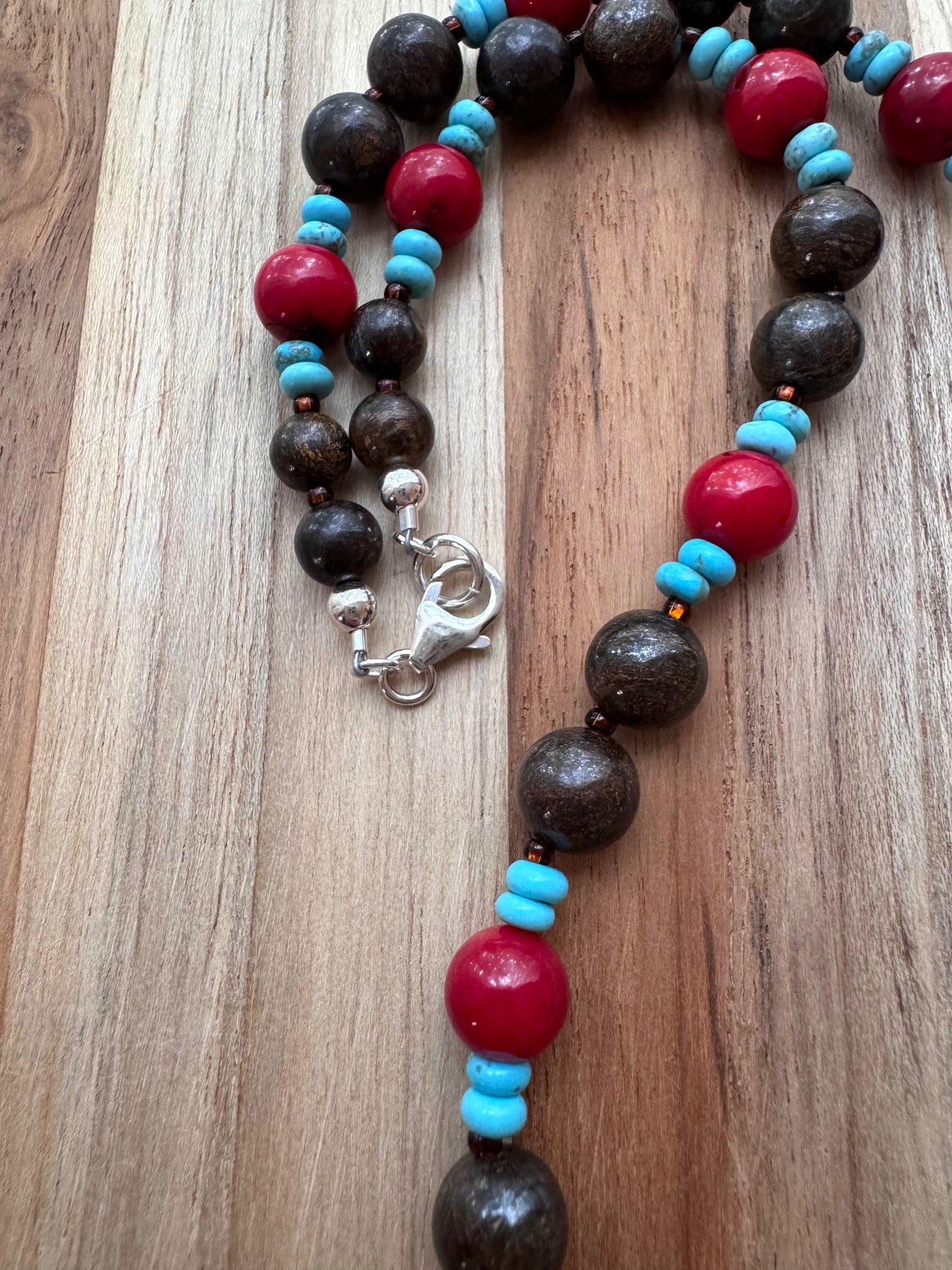 18” Long Bronzite Beaded Necklace with Red Coral and Nevada Turquoise Beads ~ Sterling Silver