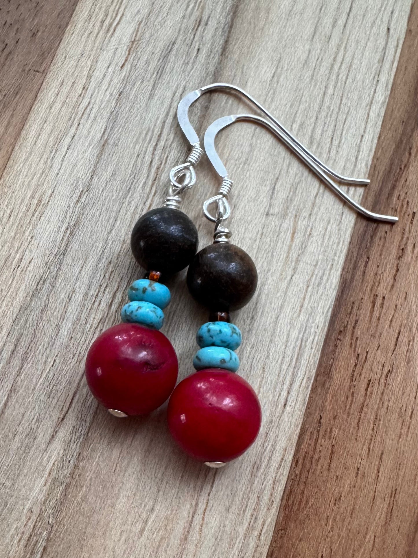 Red Coral Dangle Earrings with Turquoise and Bronzite Beads ~ Sterling Silver