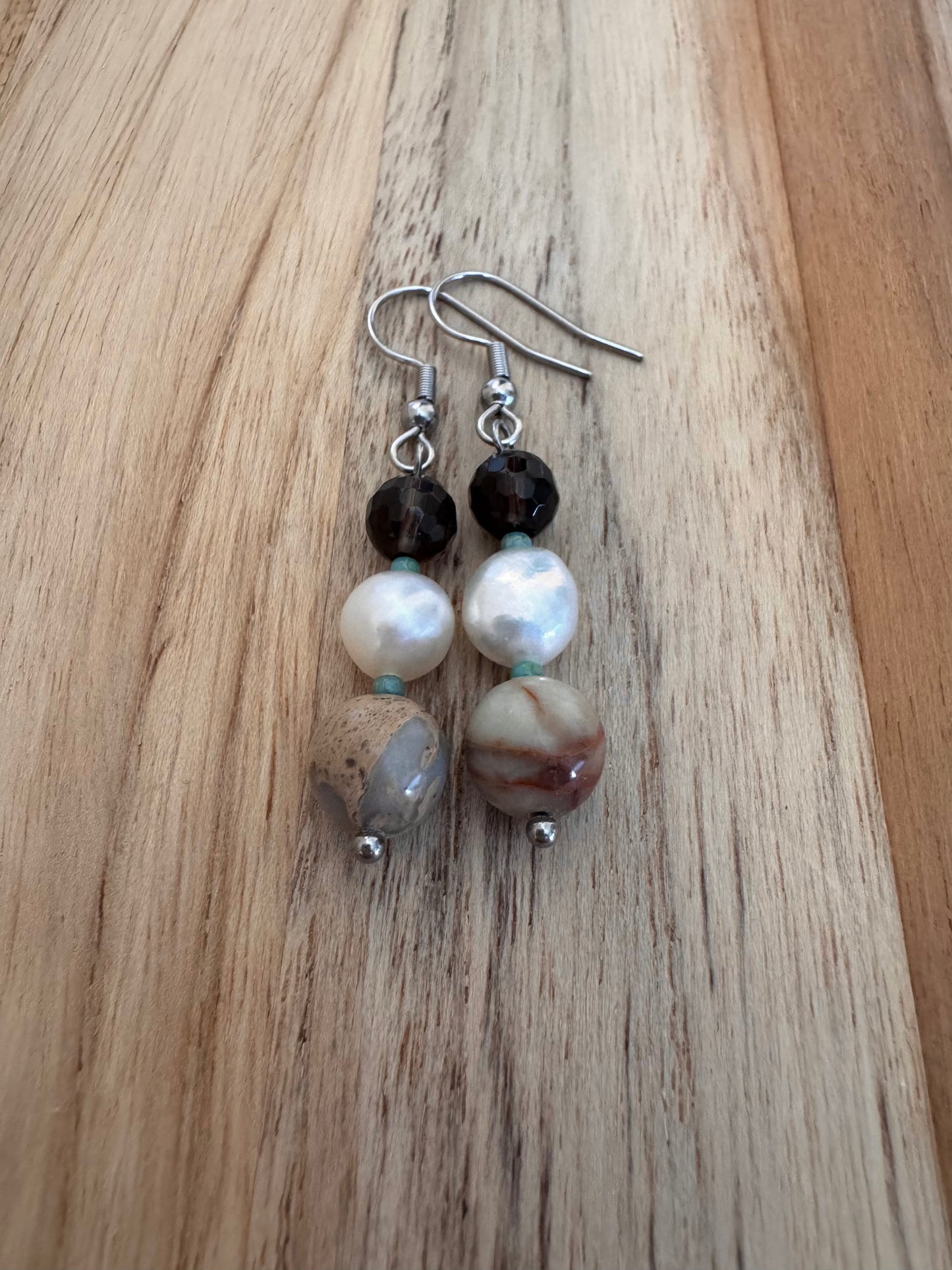 Peruvian Green Opal and White Pearl Dangle Earrings