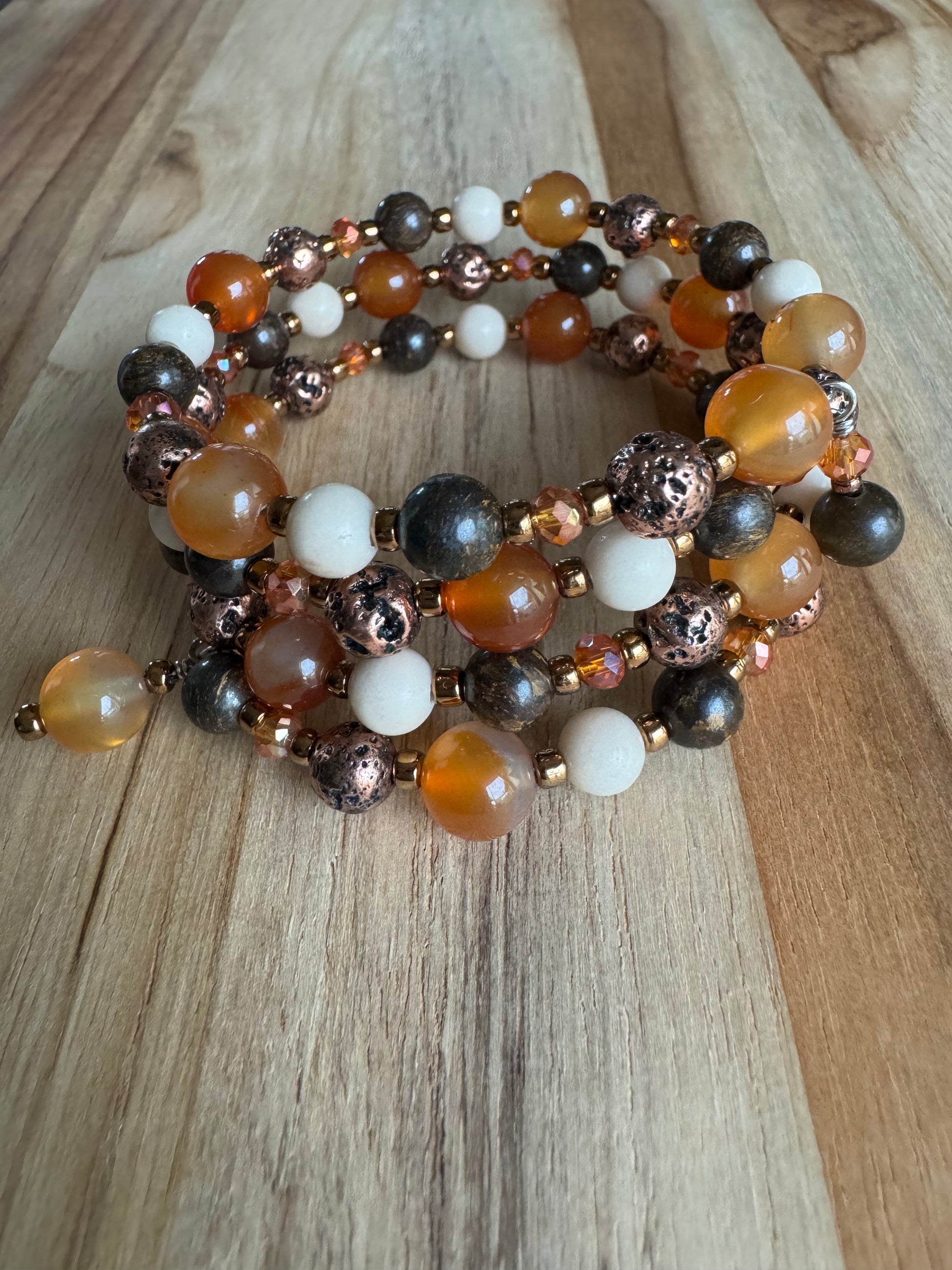 Memory Wire Beaded Bracelet with Agate Bronzite Riverstone Lava Stine and Crystal Beads - My Urban Gems