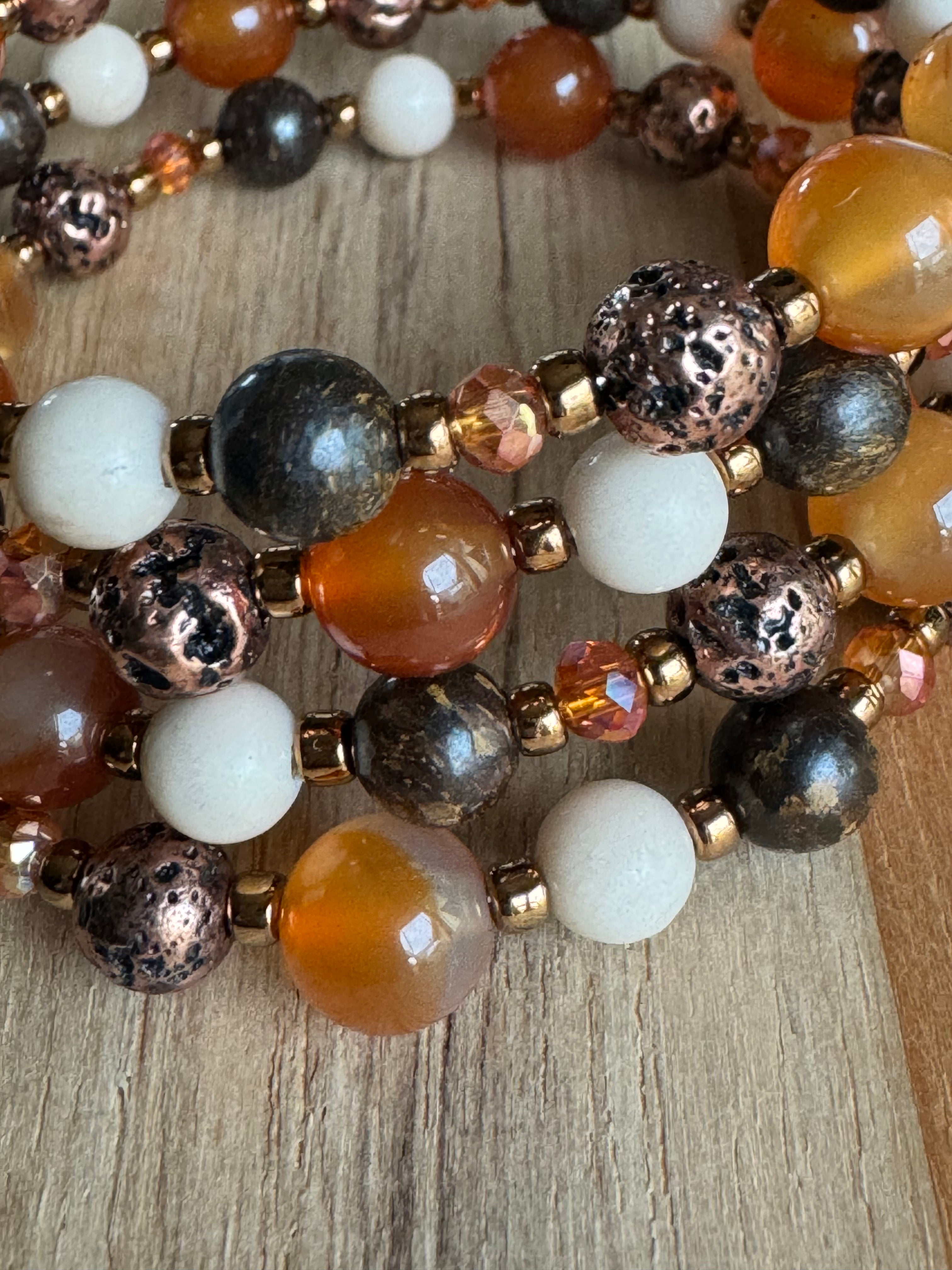 Memory Wire Beaded Bracelet with Agate Bronzite Riverstone Lava Stine and Crystal Beads - My Urban Gems