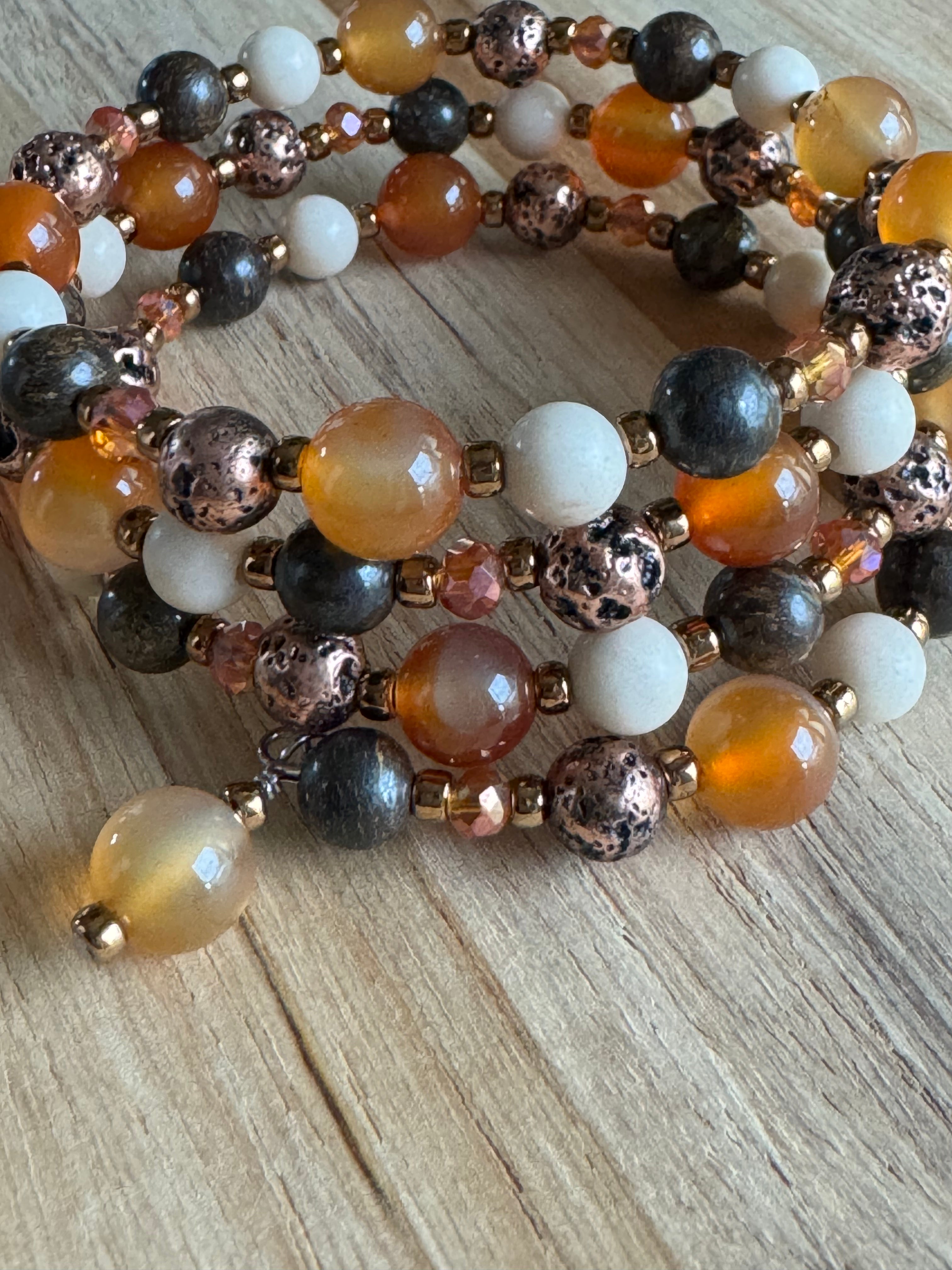 Memory Wire Beaded Bracelet with Agate Bronzite Riverstone Lava Stine and Crystal Beads - My Urban Gems