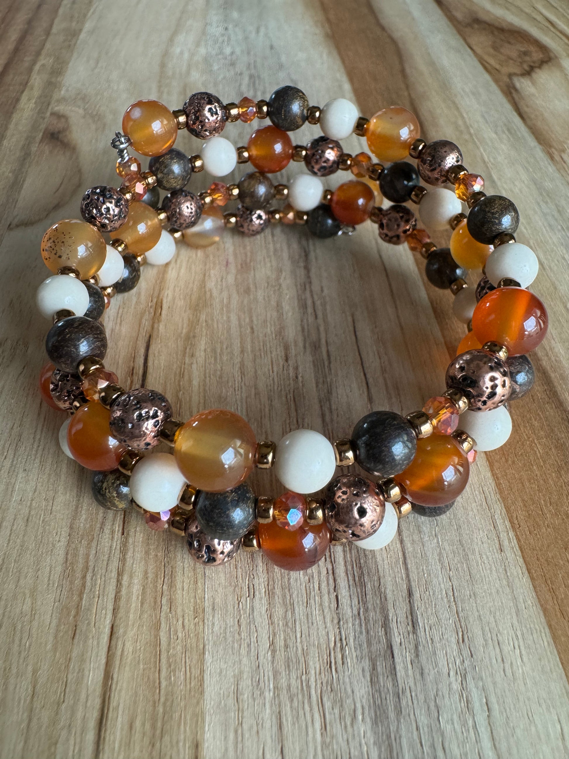 Memory Wire Beaded Bracelet with Agate Bronzite Riverstone Lava Stine and Crystal Beads - My Urban Gems