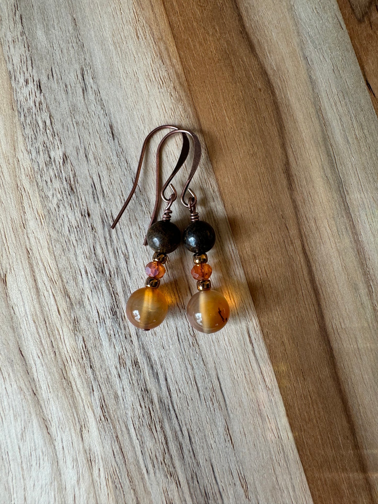 Bronzite and orange agate copper dangle earrings - my urban gems
