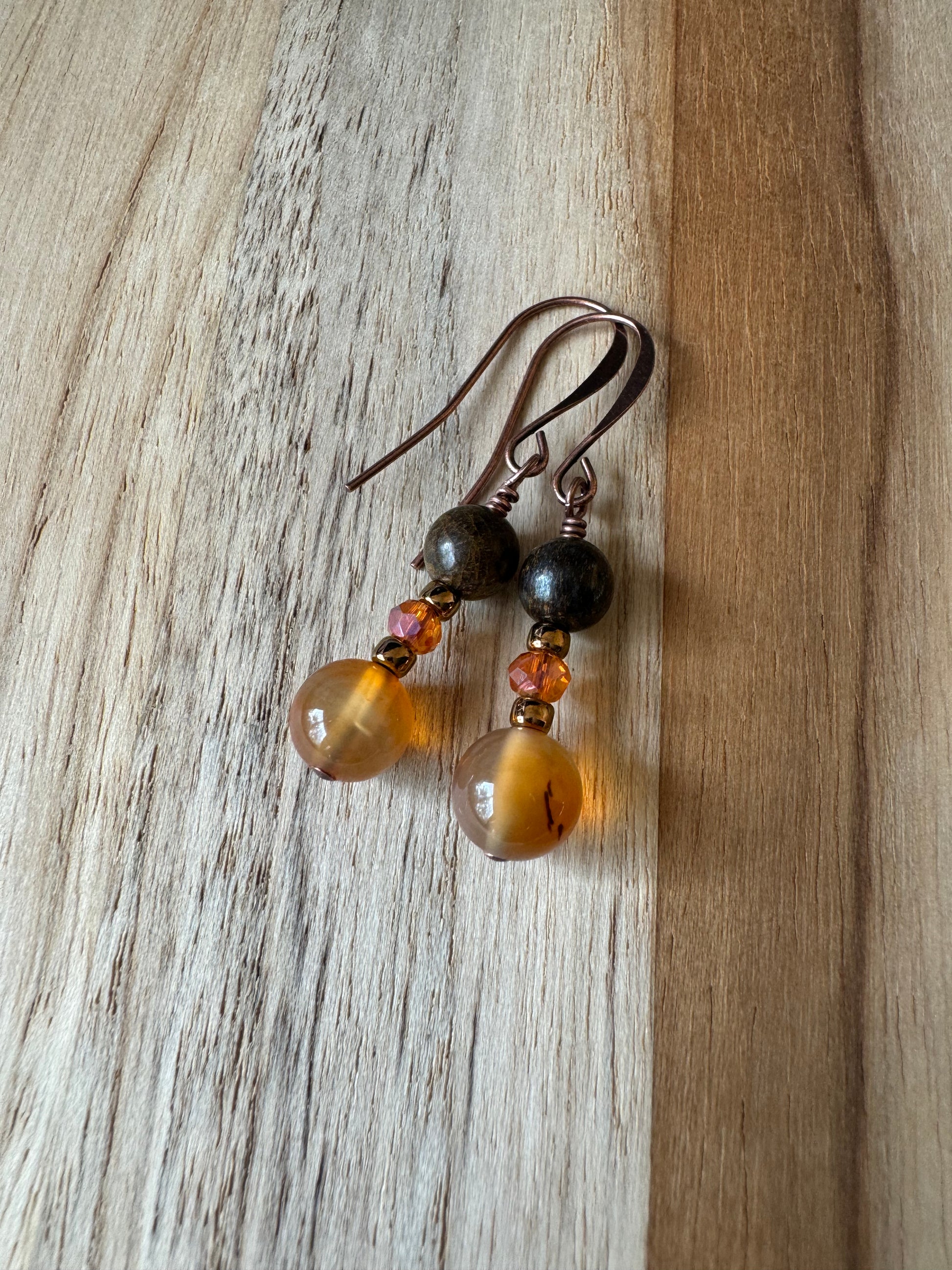 Bronzite and orange agate copper dangle earrings -my urban gems
