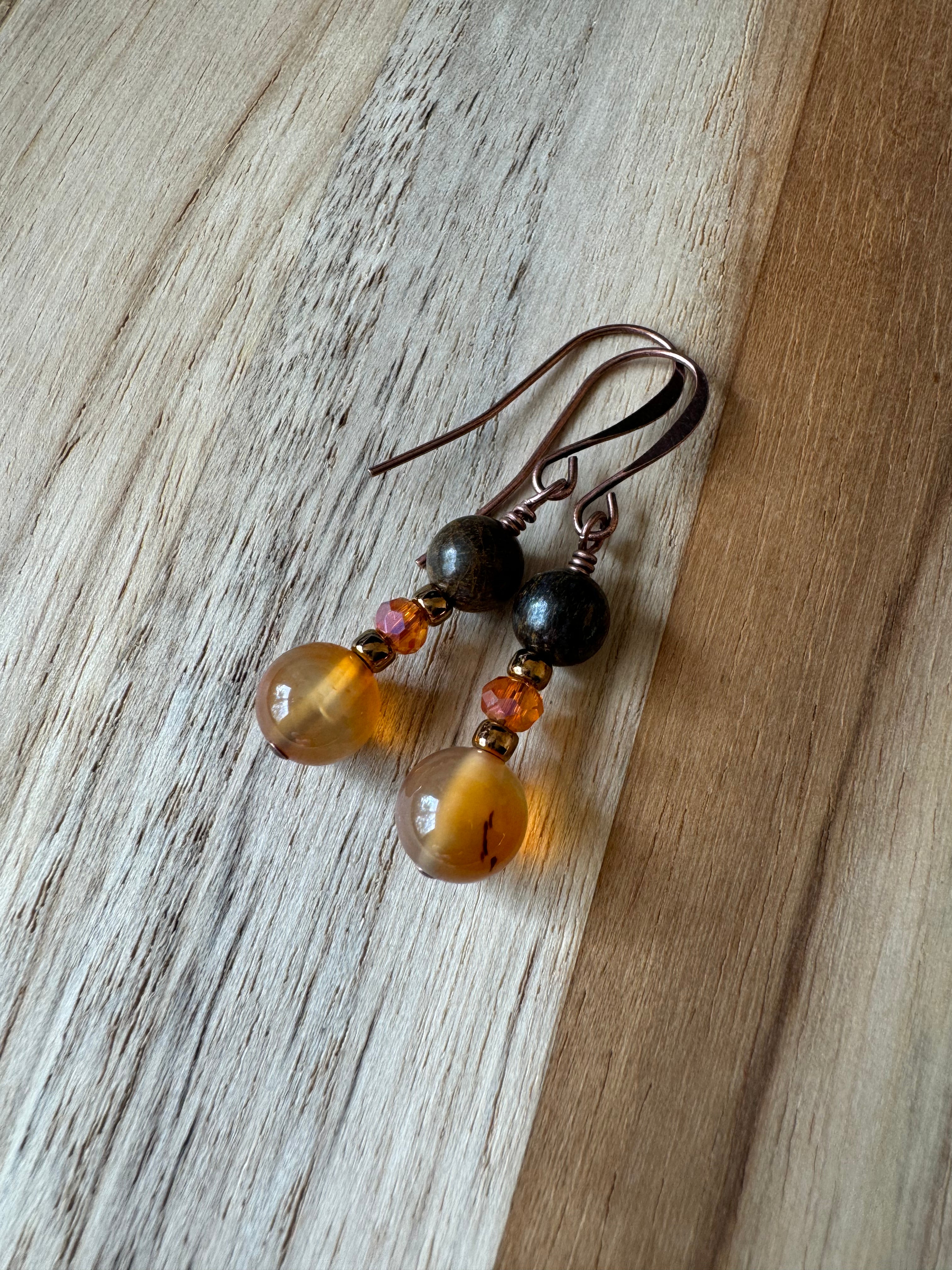 Bronzite and orange agate copper dangle earrings -my urban gems